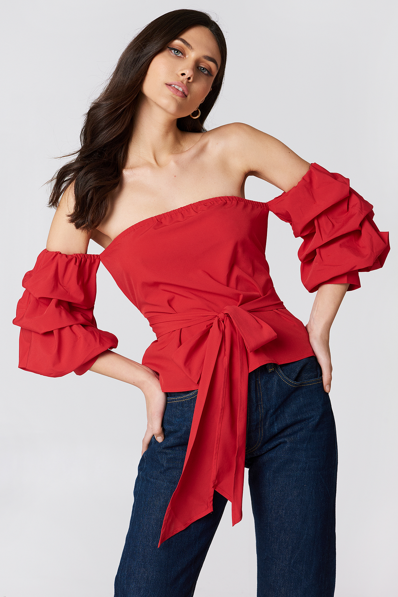 Red Ruched Sleeve Bardot Top