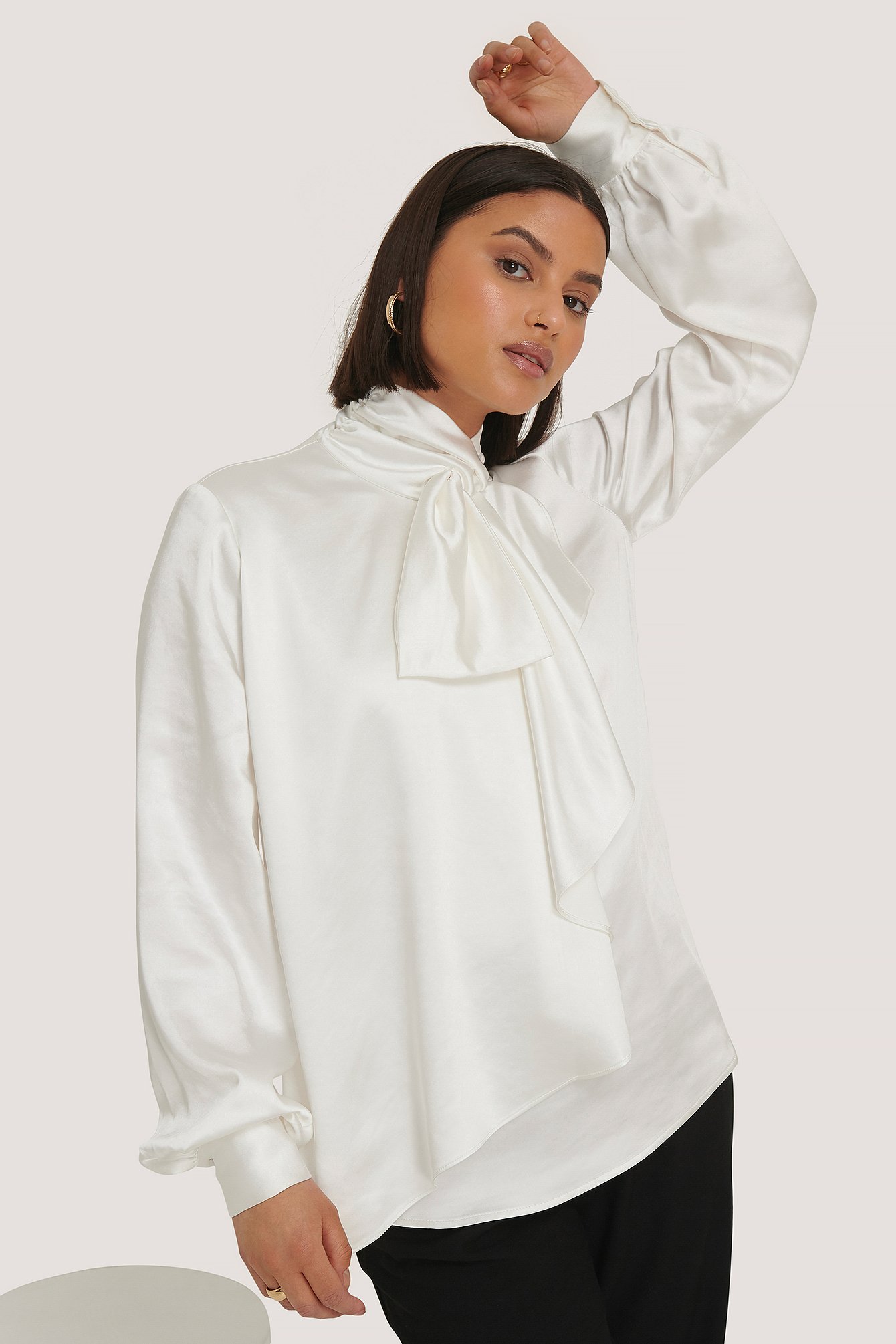 White Scarf Neck Front Tie Blouse
