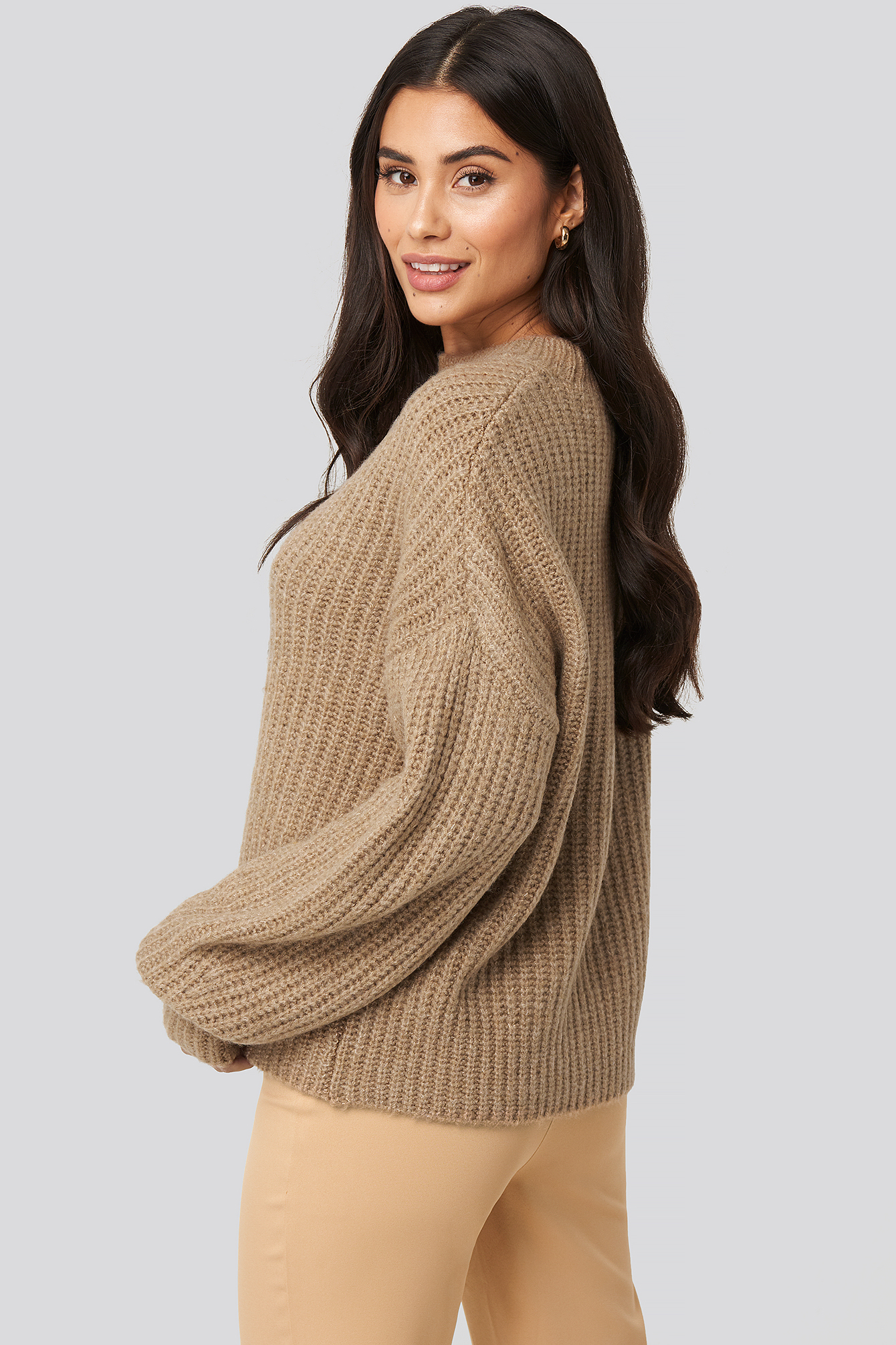 Dropped Shoulder Oversized Knitted Sweater Beige