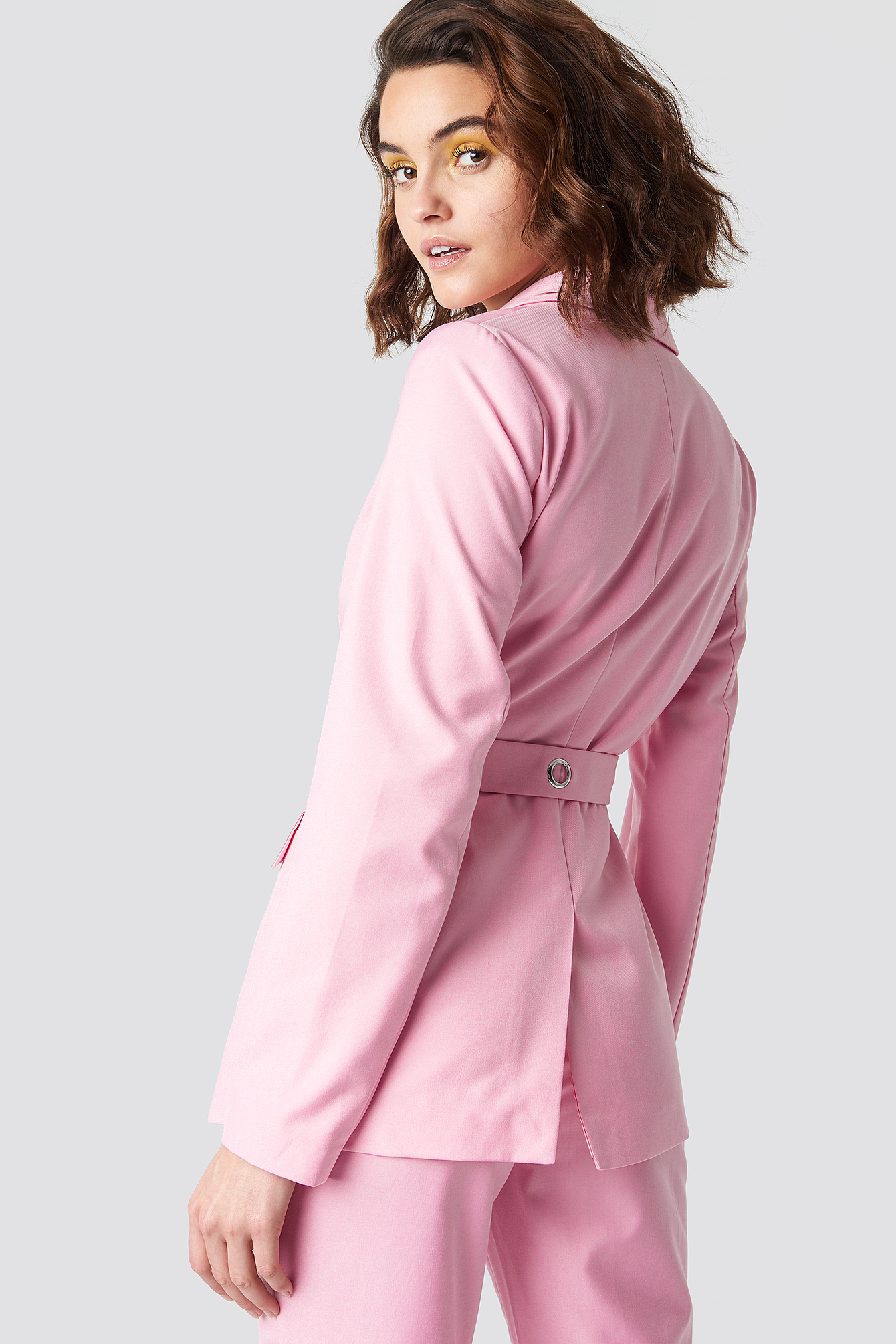 pink belted blazer