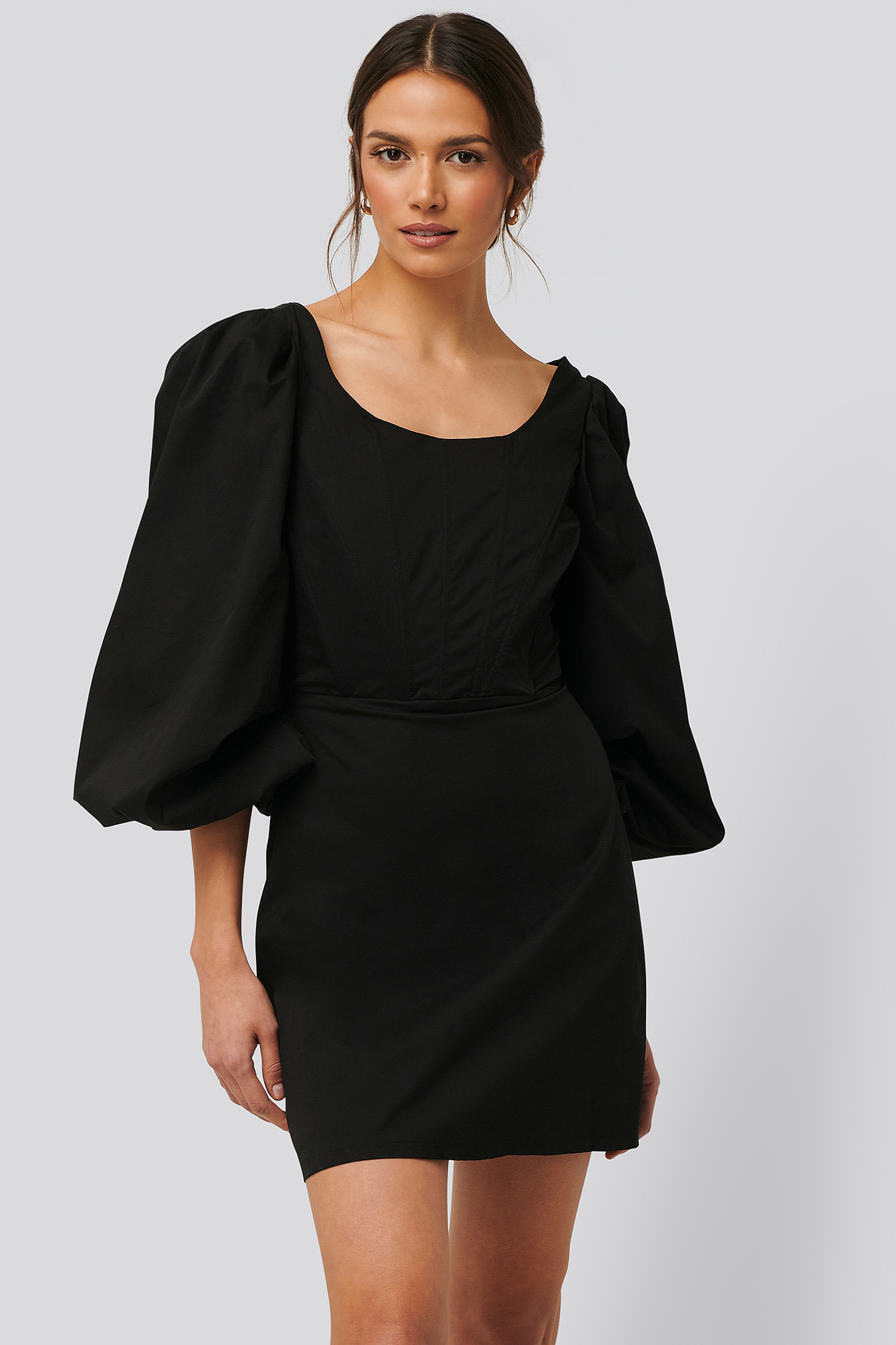 Black Long Sleeve Corset Detail Mini Dress