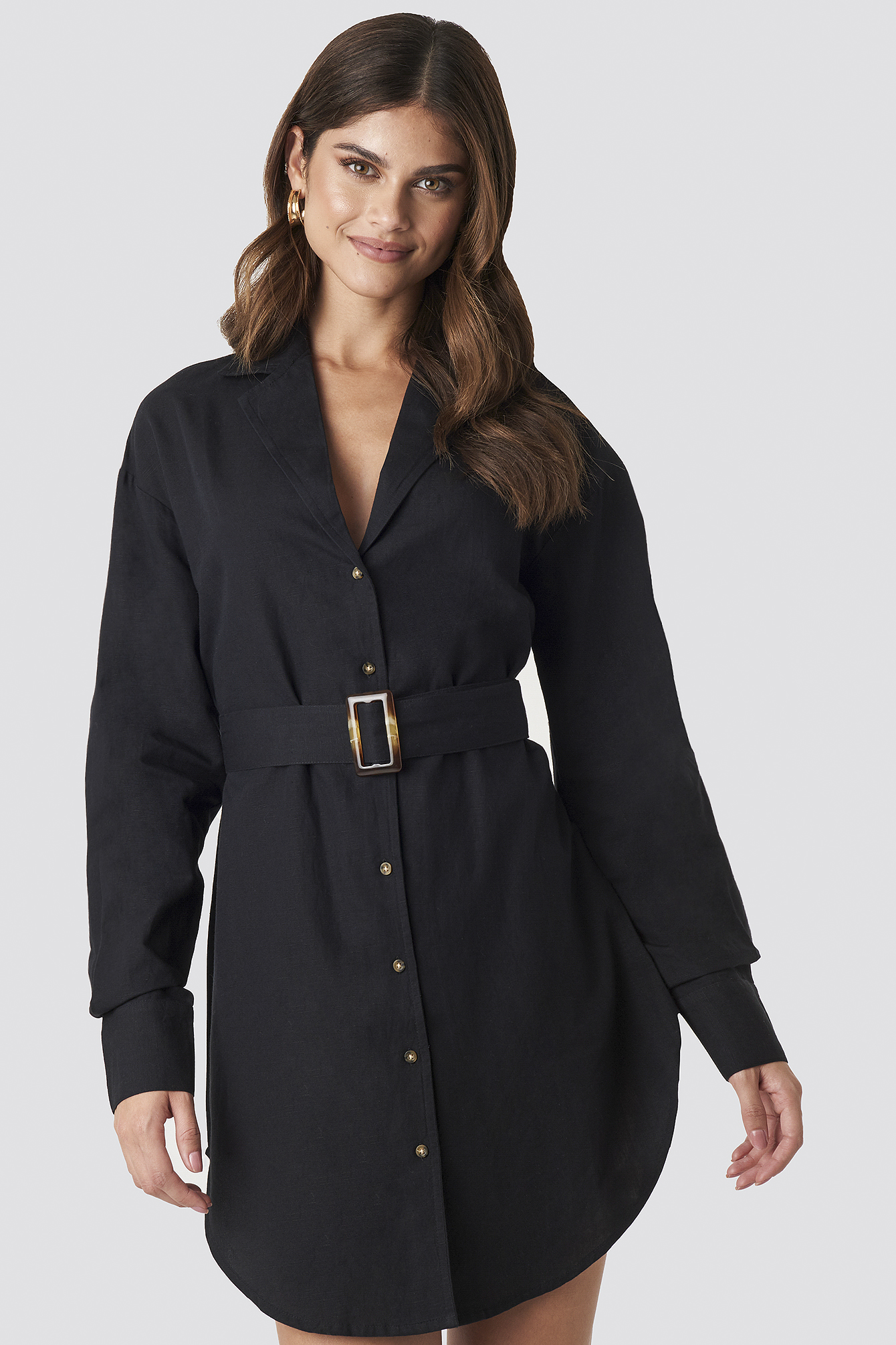 Belted Oversized Linen Look Shirt Dress Czarny