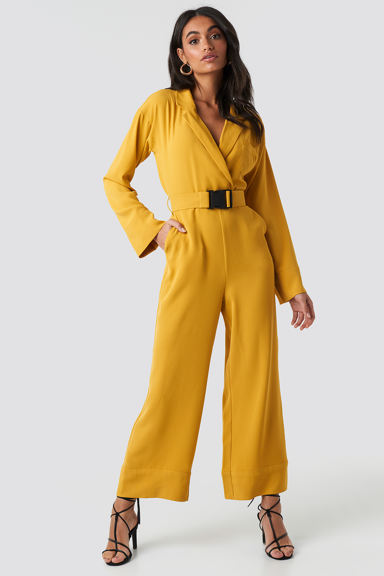Belted Wrap Front Jumpsuit Żółty