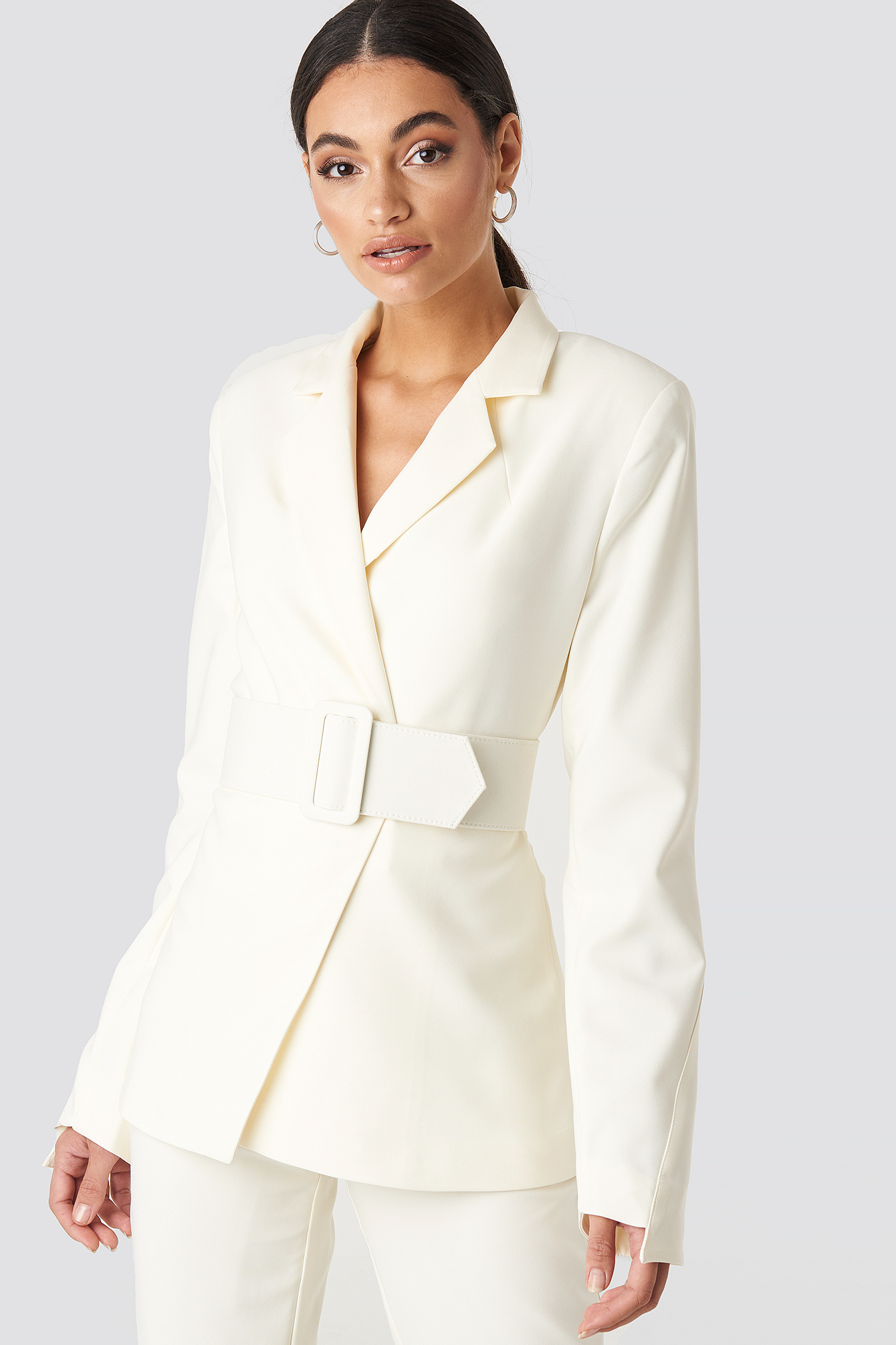 cream belted blazer