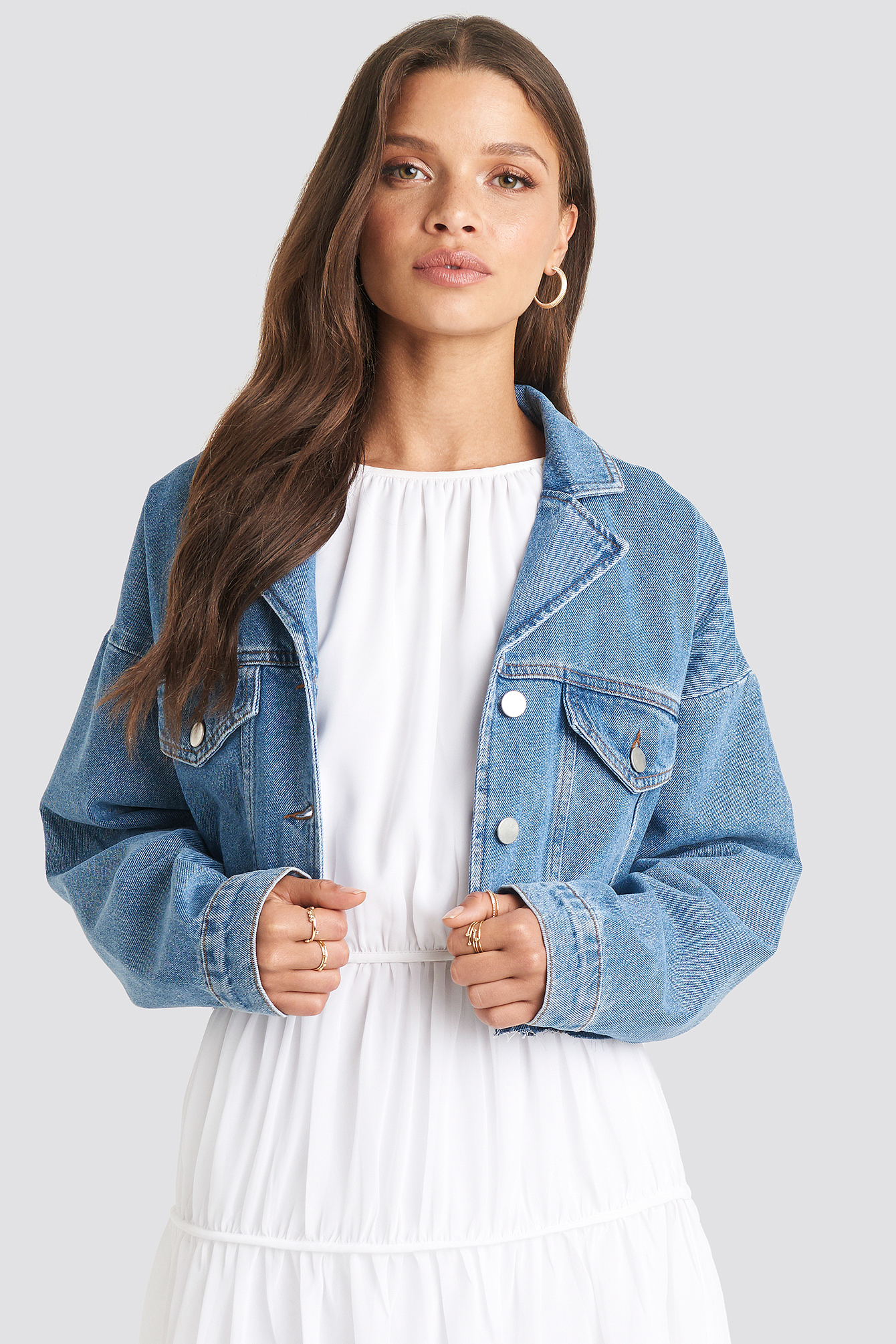 Cropped Raw Edge Denim Jacket Niebieski