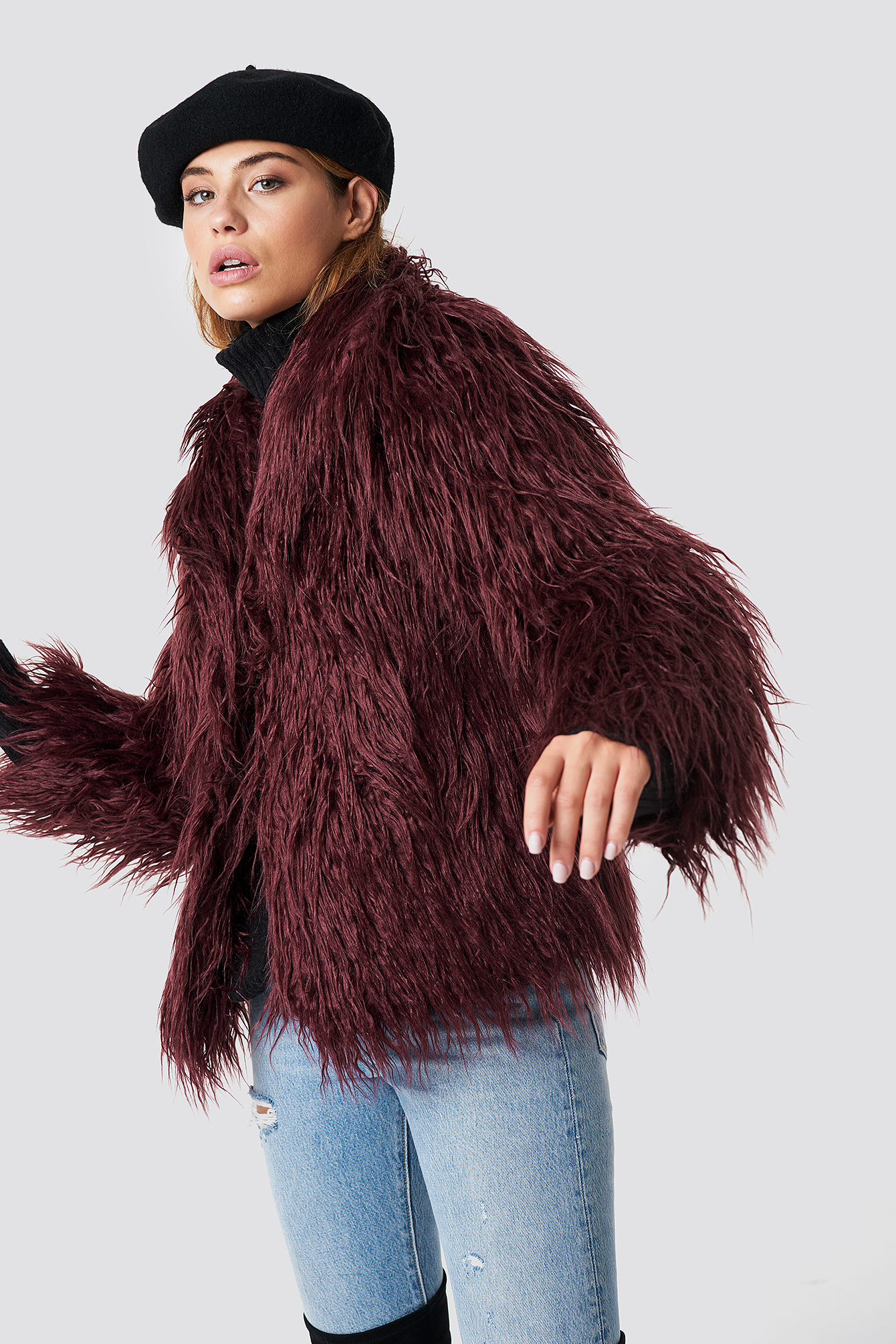 maroon fluffy jacket