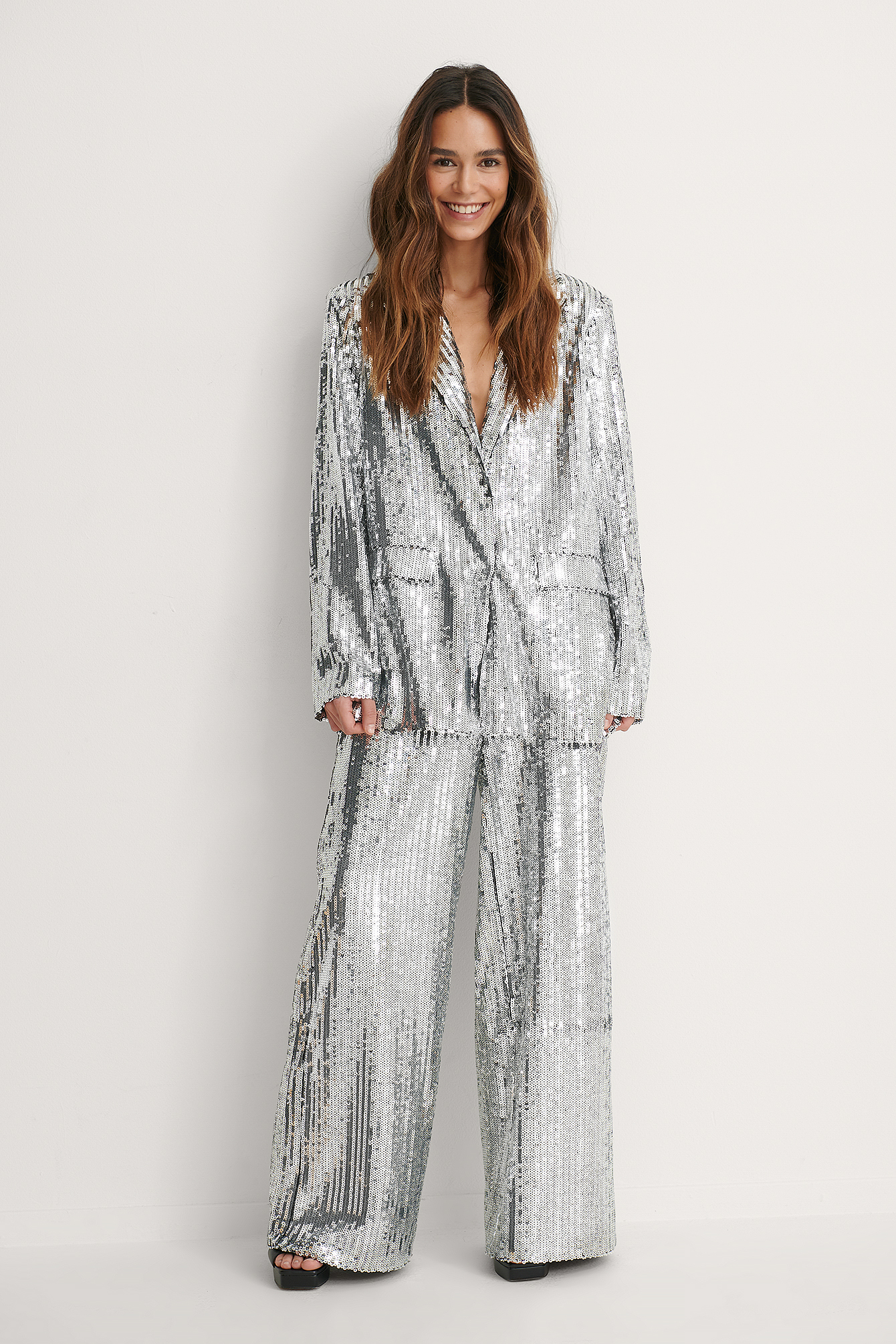 silver sequin flare pants
