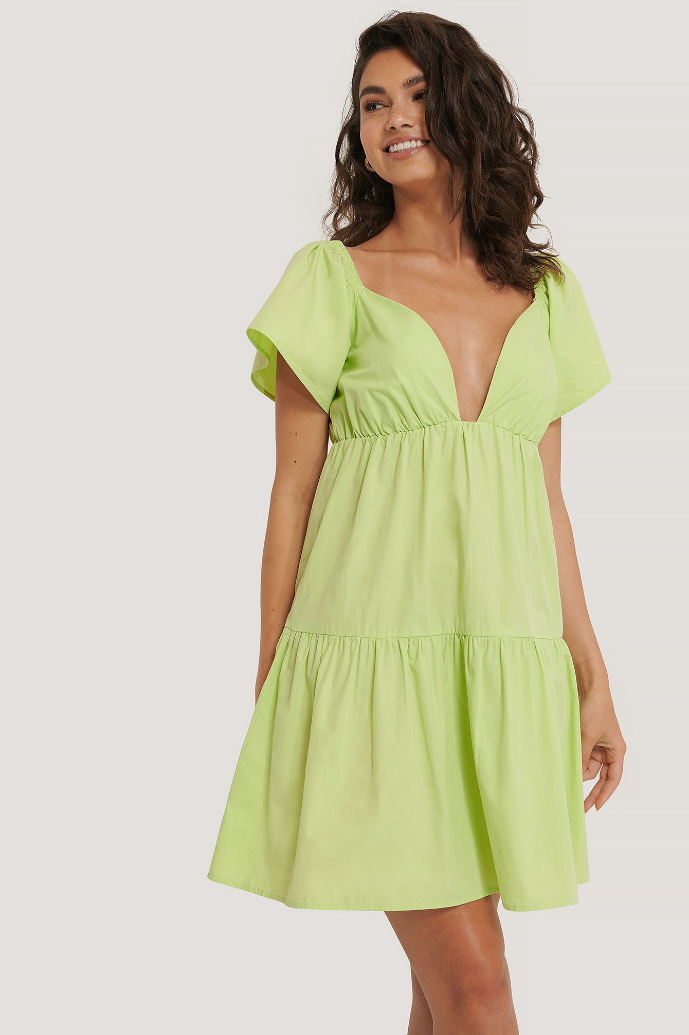 Flounce Shoulder Mini Dress Green | na-kdlounge.com
