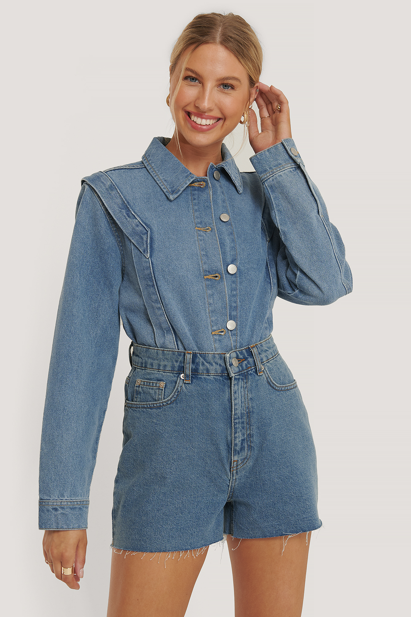 Shoulder Detail Short Denim Jacket Blue