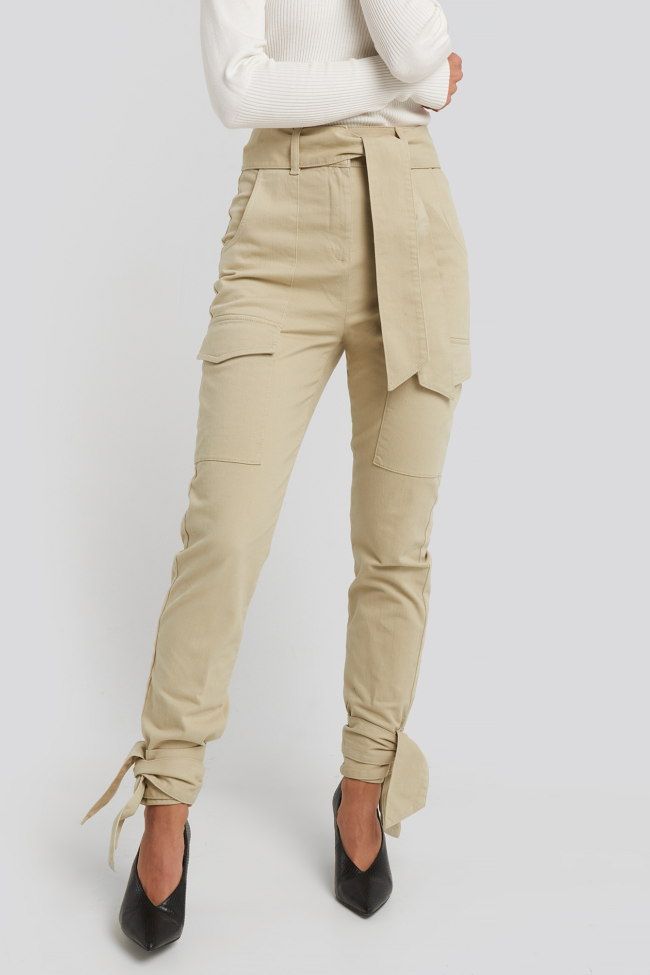 Ankle Tie Cargo Slim Fit Pants Beige