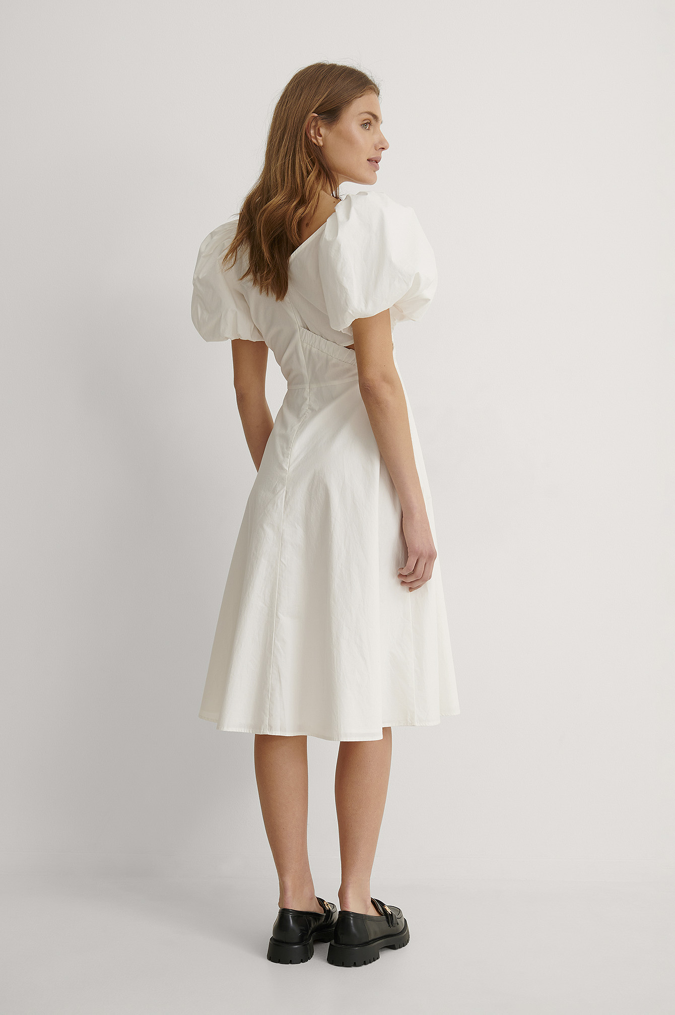 moon river white puff sleeve midi dress