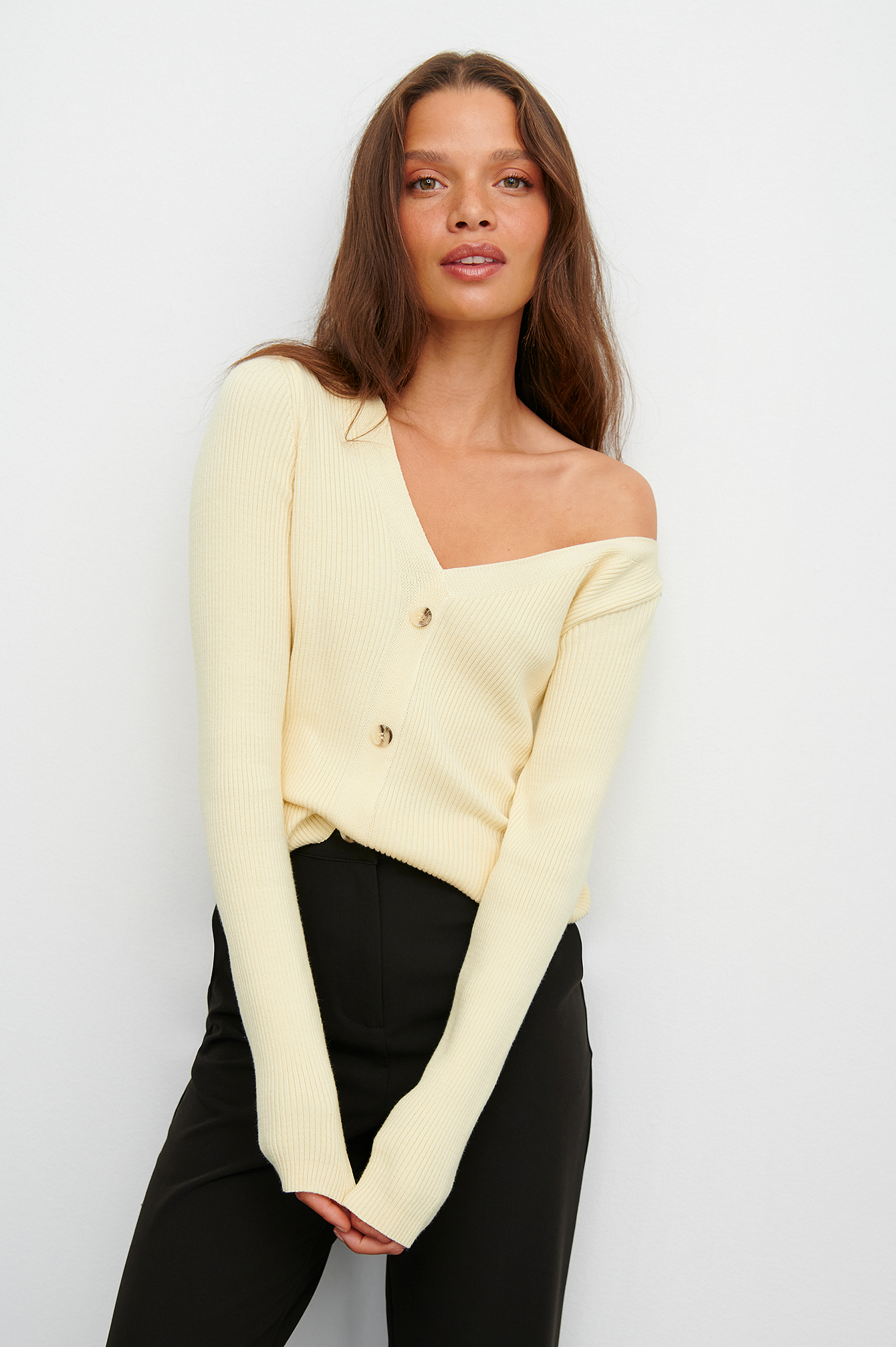 Cream Asymmetrical Neckline Sweater