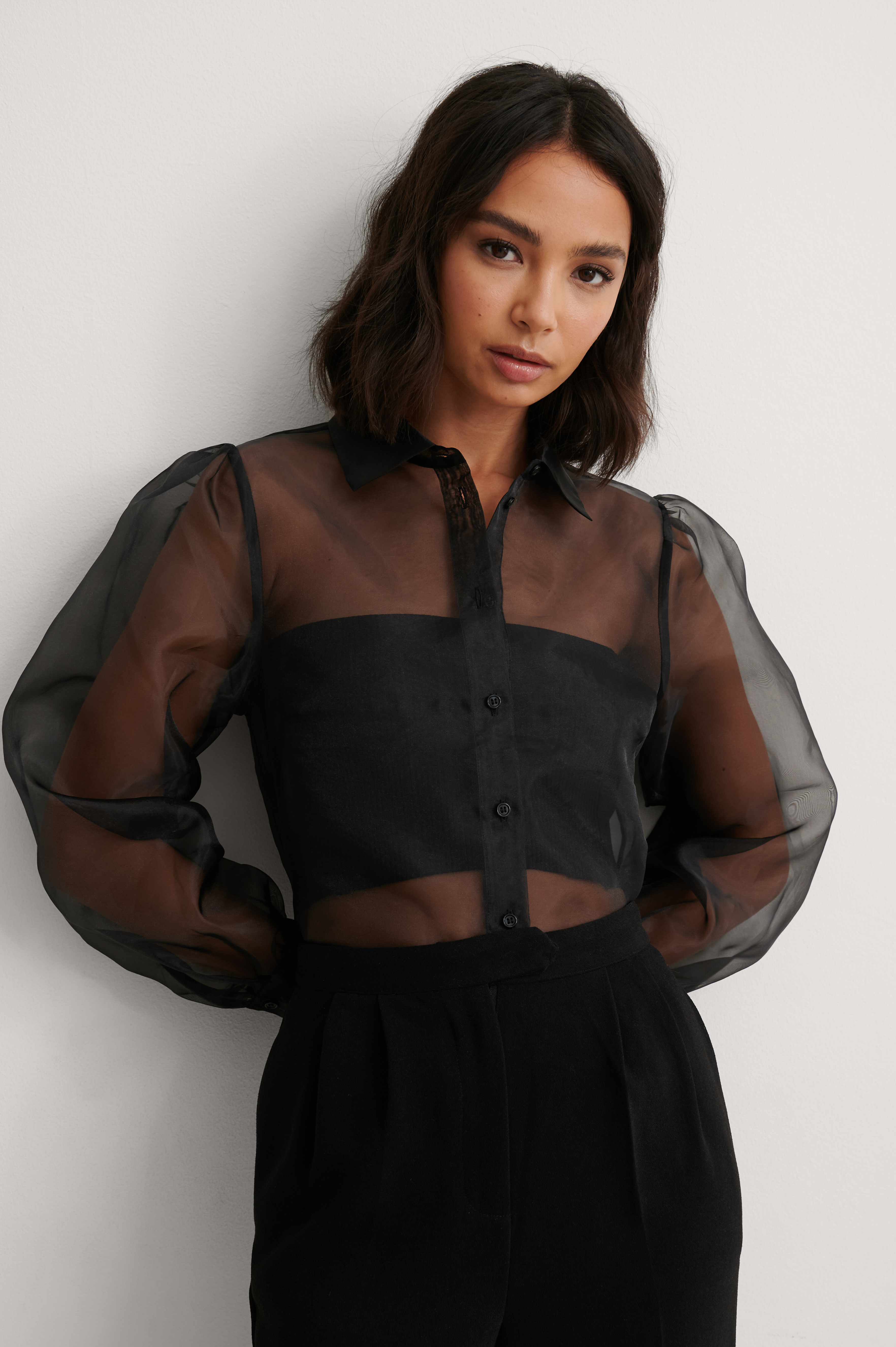 black blouse with balloon sleeves
