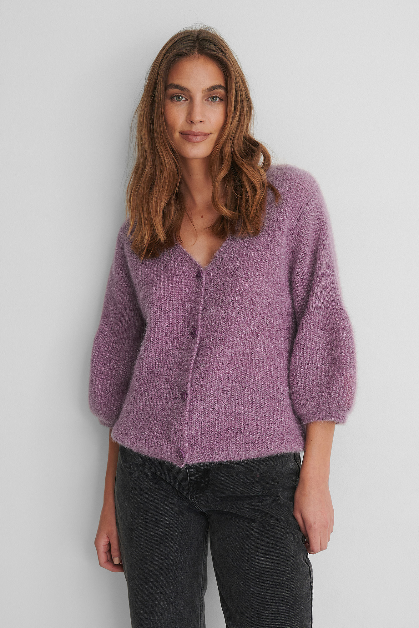 purple short cardigan