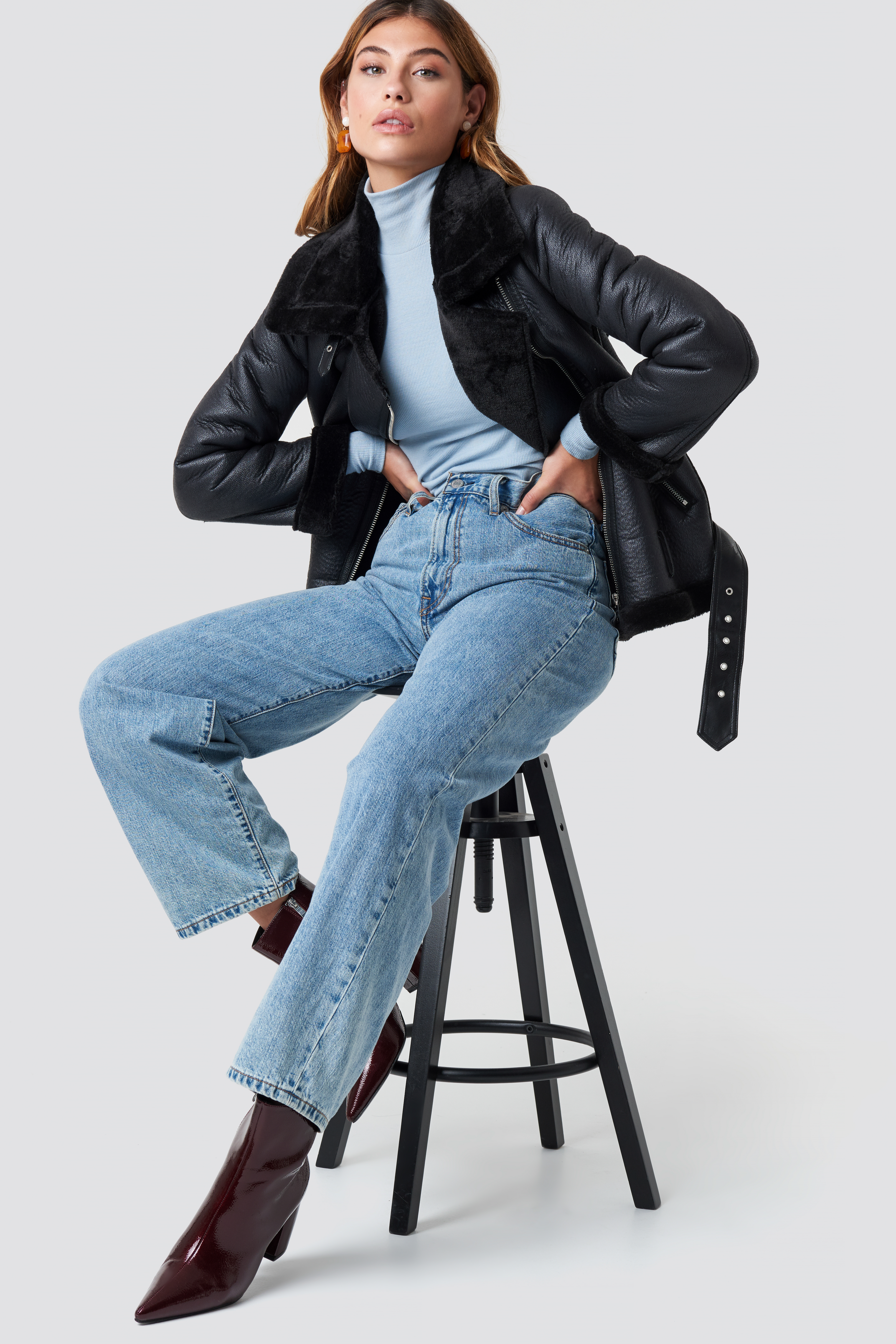 belted aviator jacket black