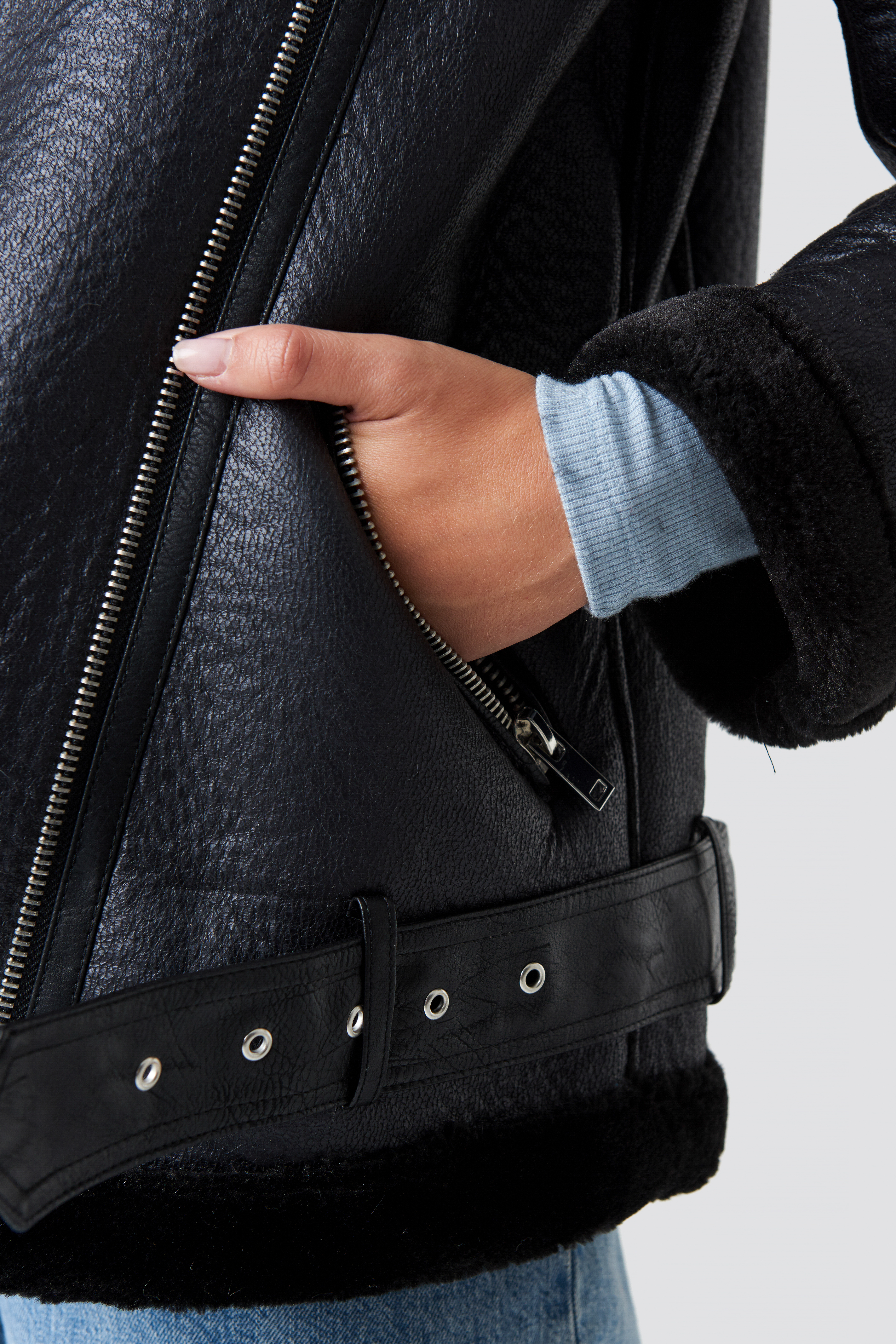 belted aviator jacket black