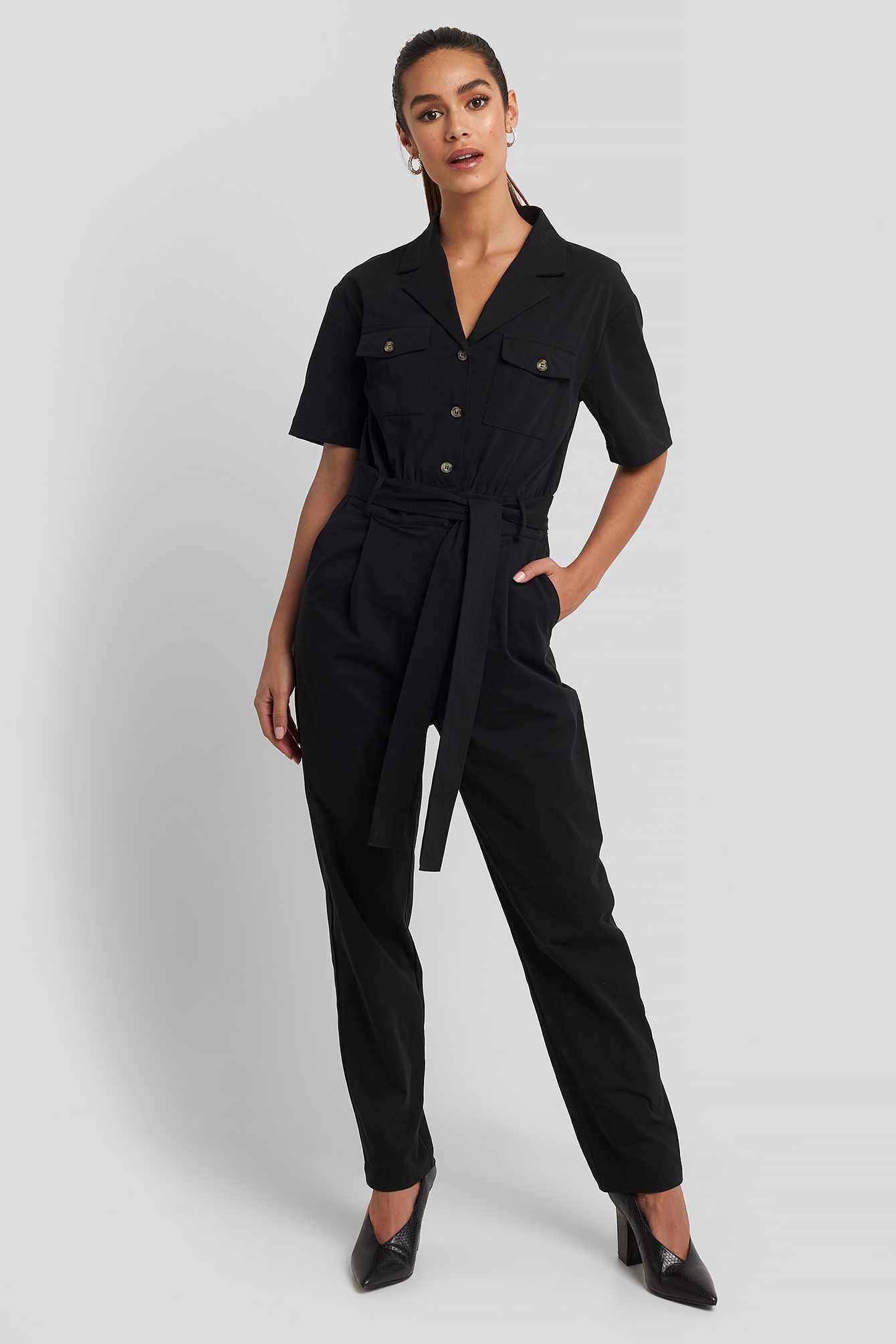 Belted Cargo Short Sleeve Jumpsuit Black | na-kdlounge.com