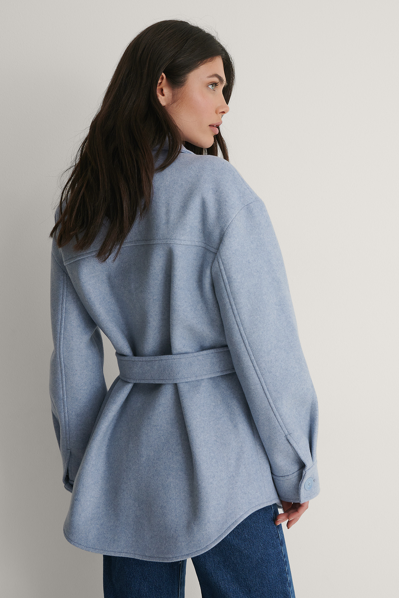 light blue belted coat