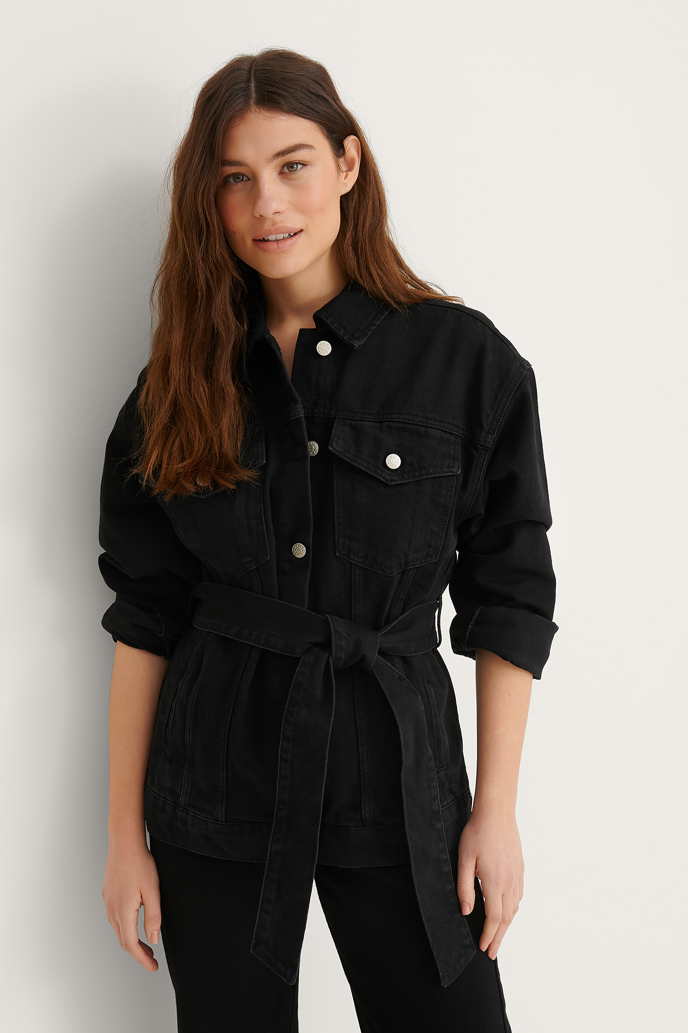 belted denim jacket black