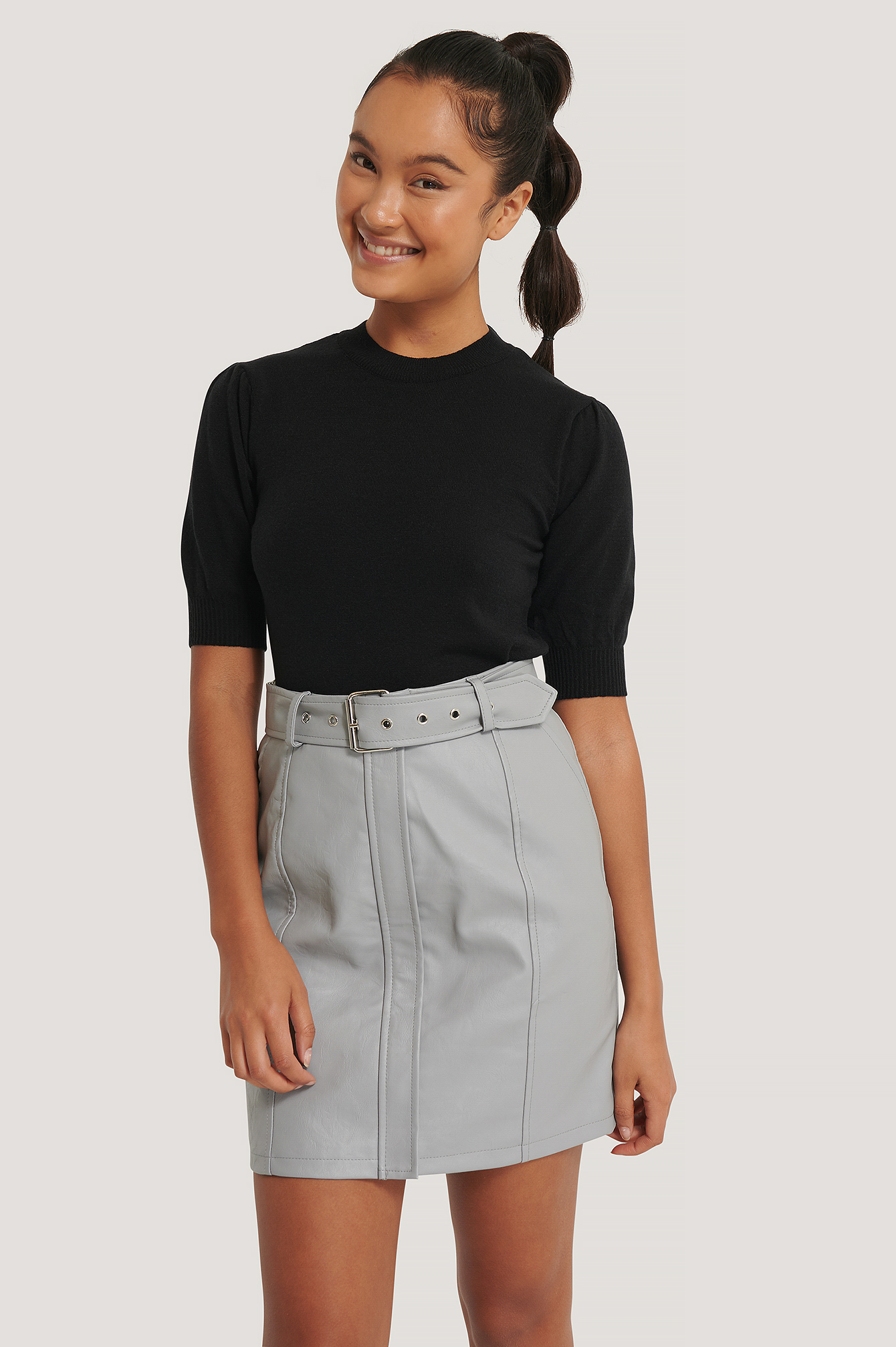 Grey Belted PU Skirt