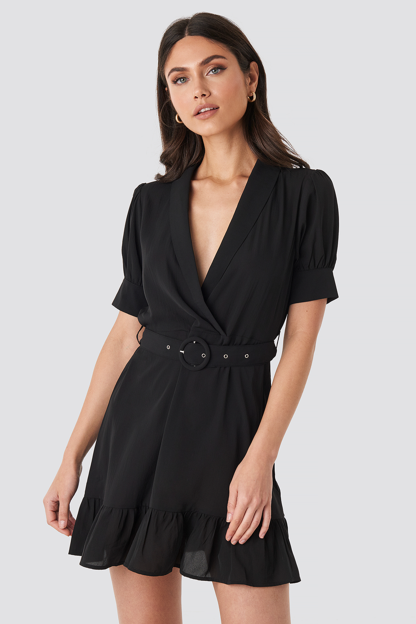 Belted Puff Sleeve Mini Dress Black | na-kdlounge.com