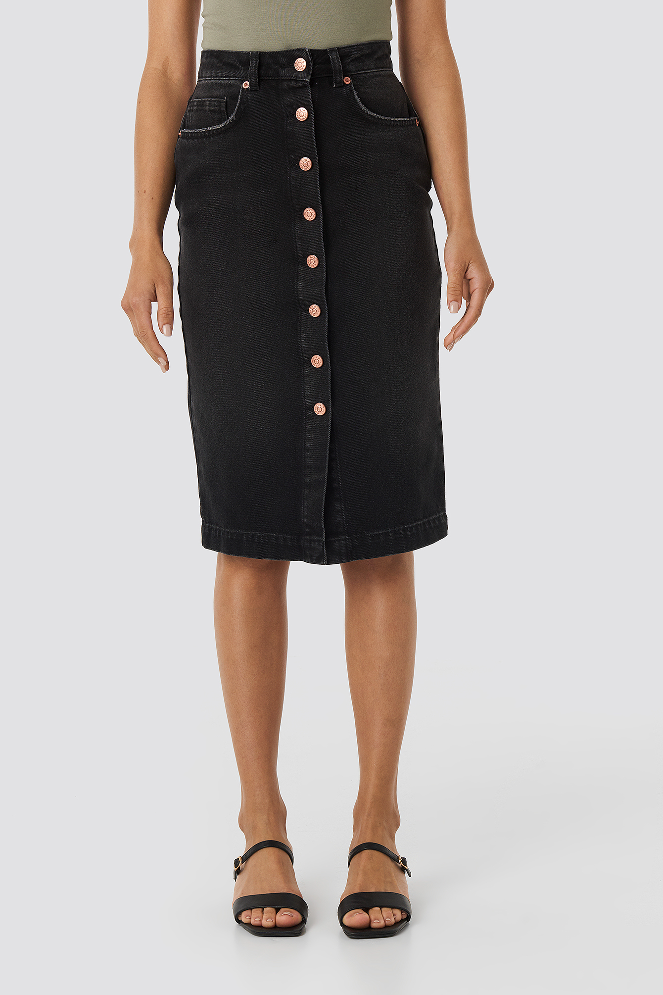 denim midi skirt button front