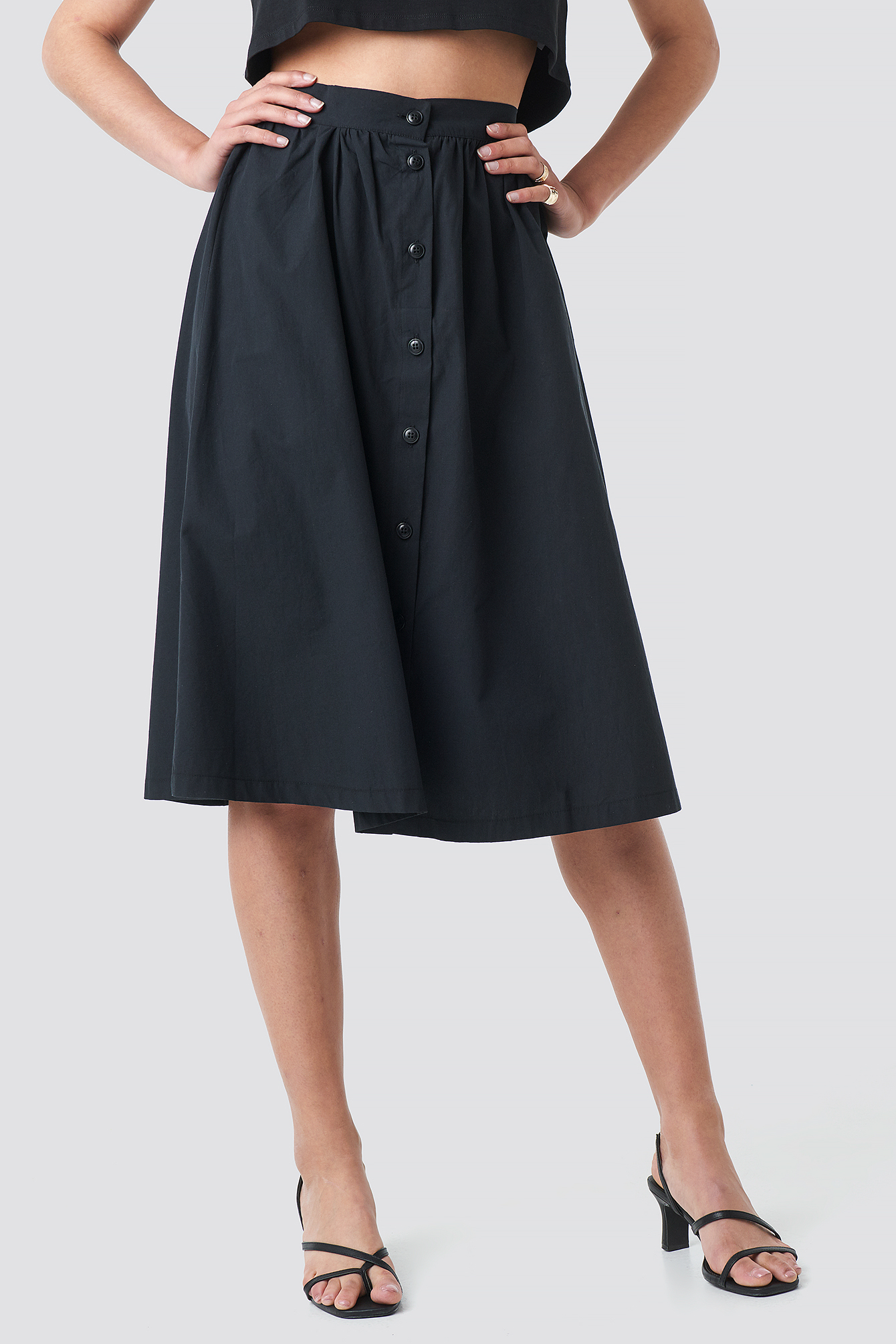 button front midi skirt black