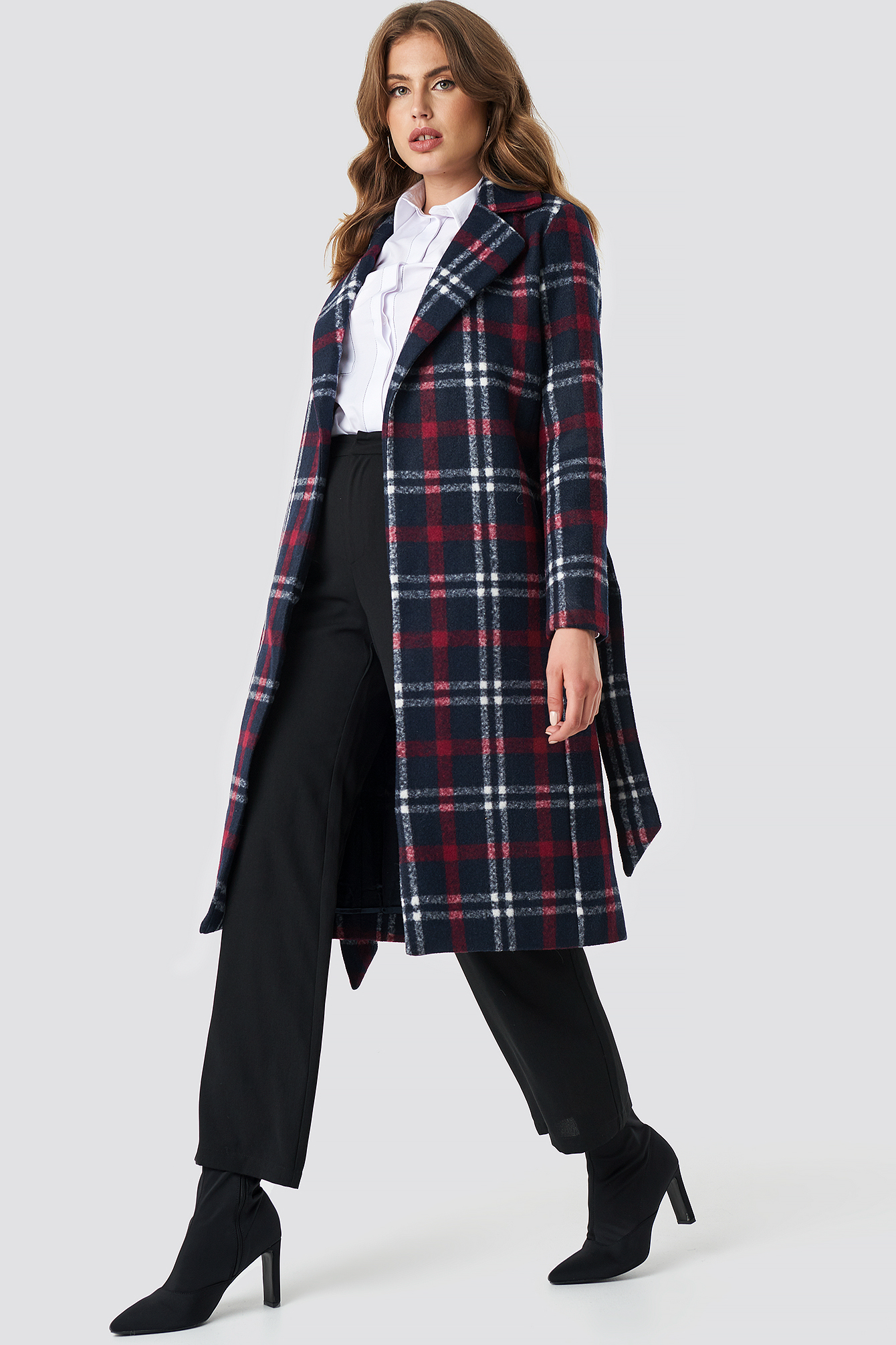 navy checked coat