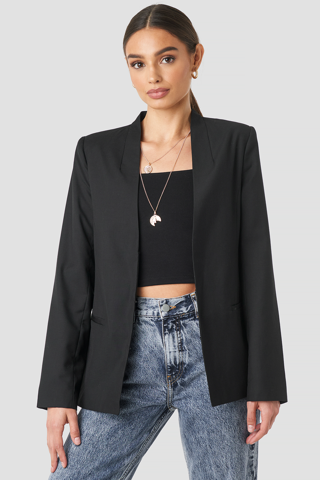 collarless black blazer