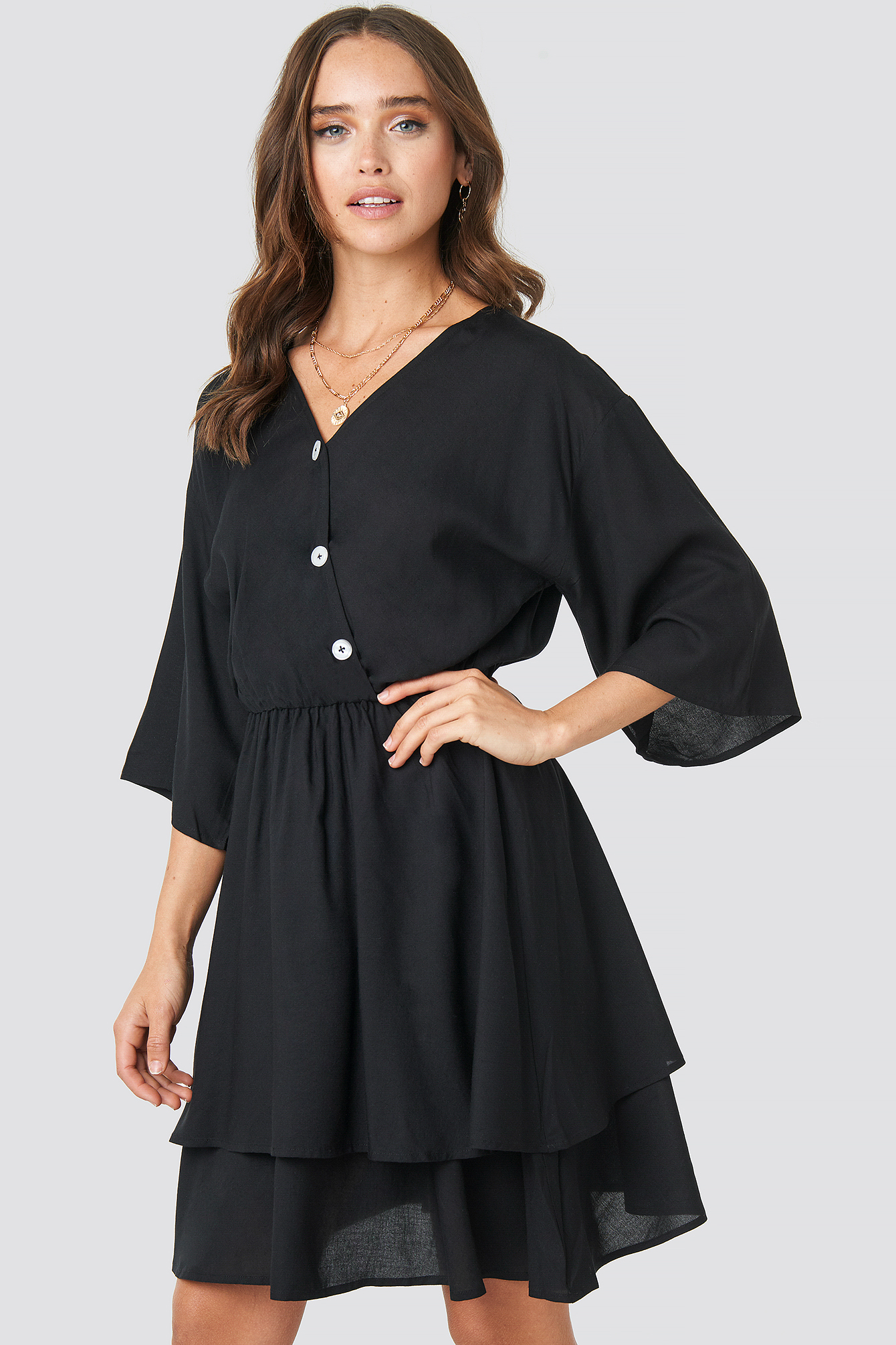 Black Contrast Button Layered Dress