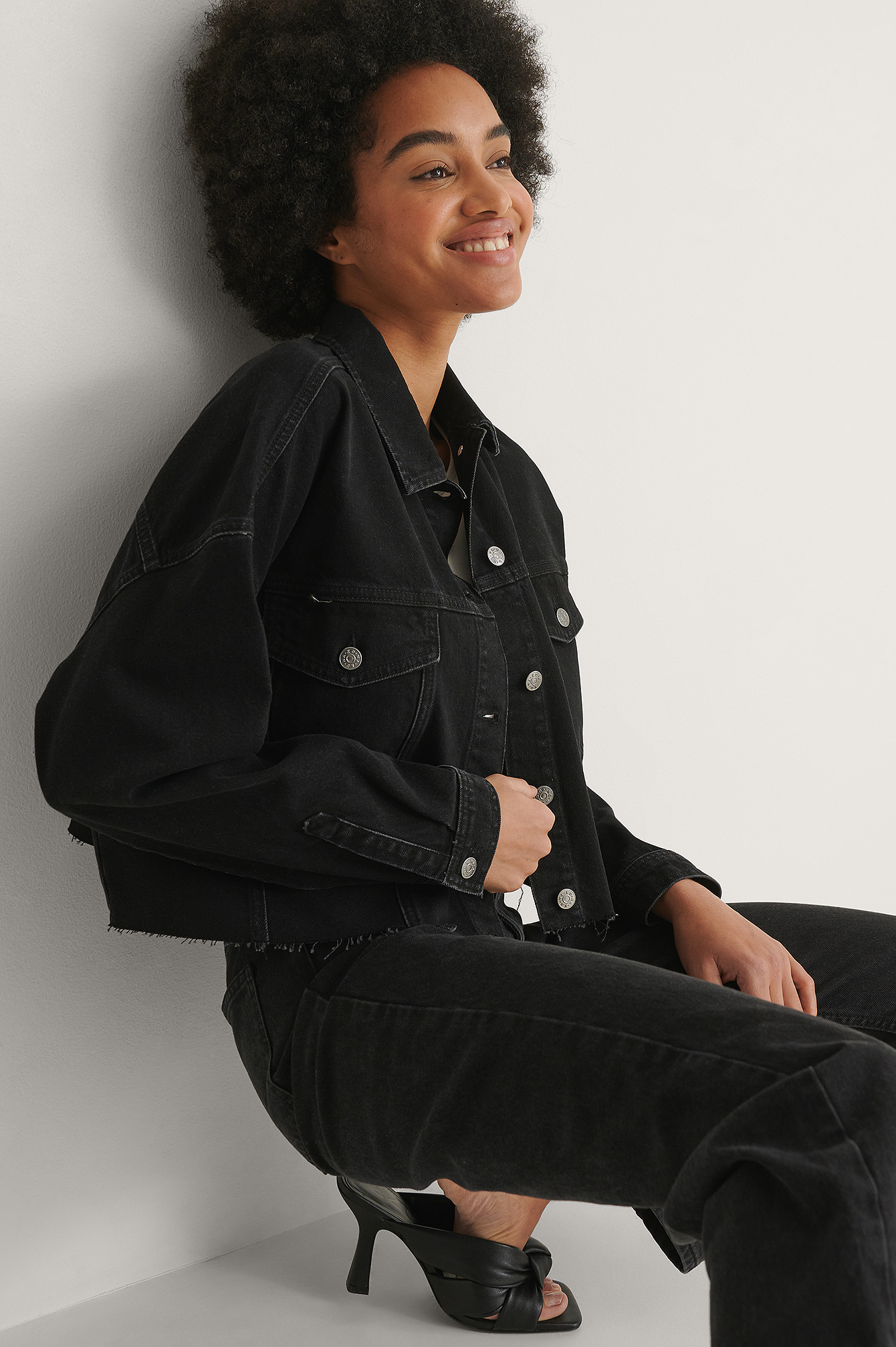 black cropped oversized denim jacket