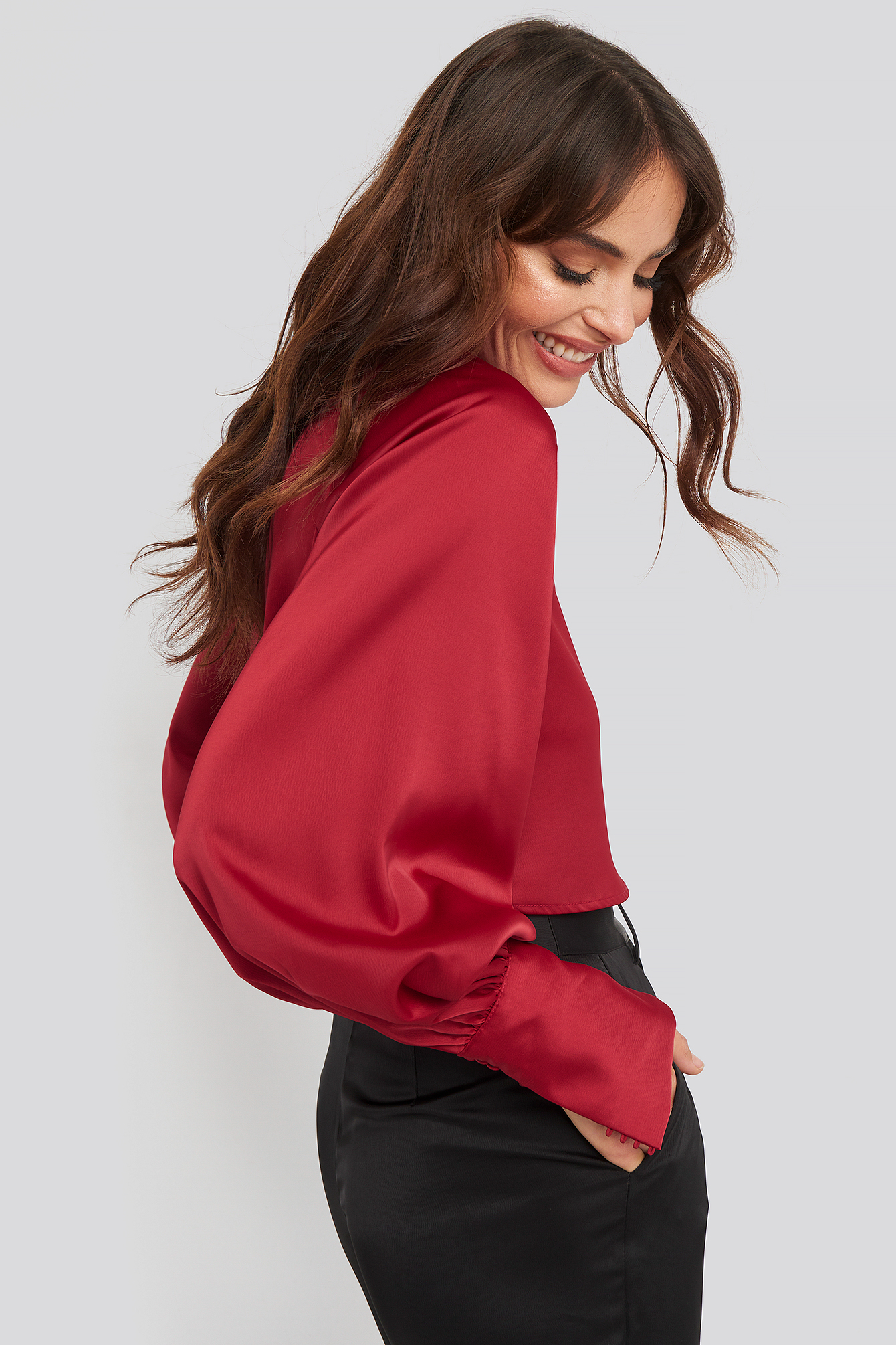 Cropped Satin Balloon Sleeve Blouse Red | na-kdlounge.com