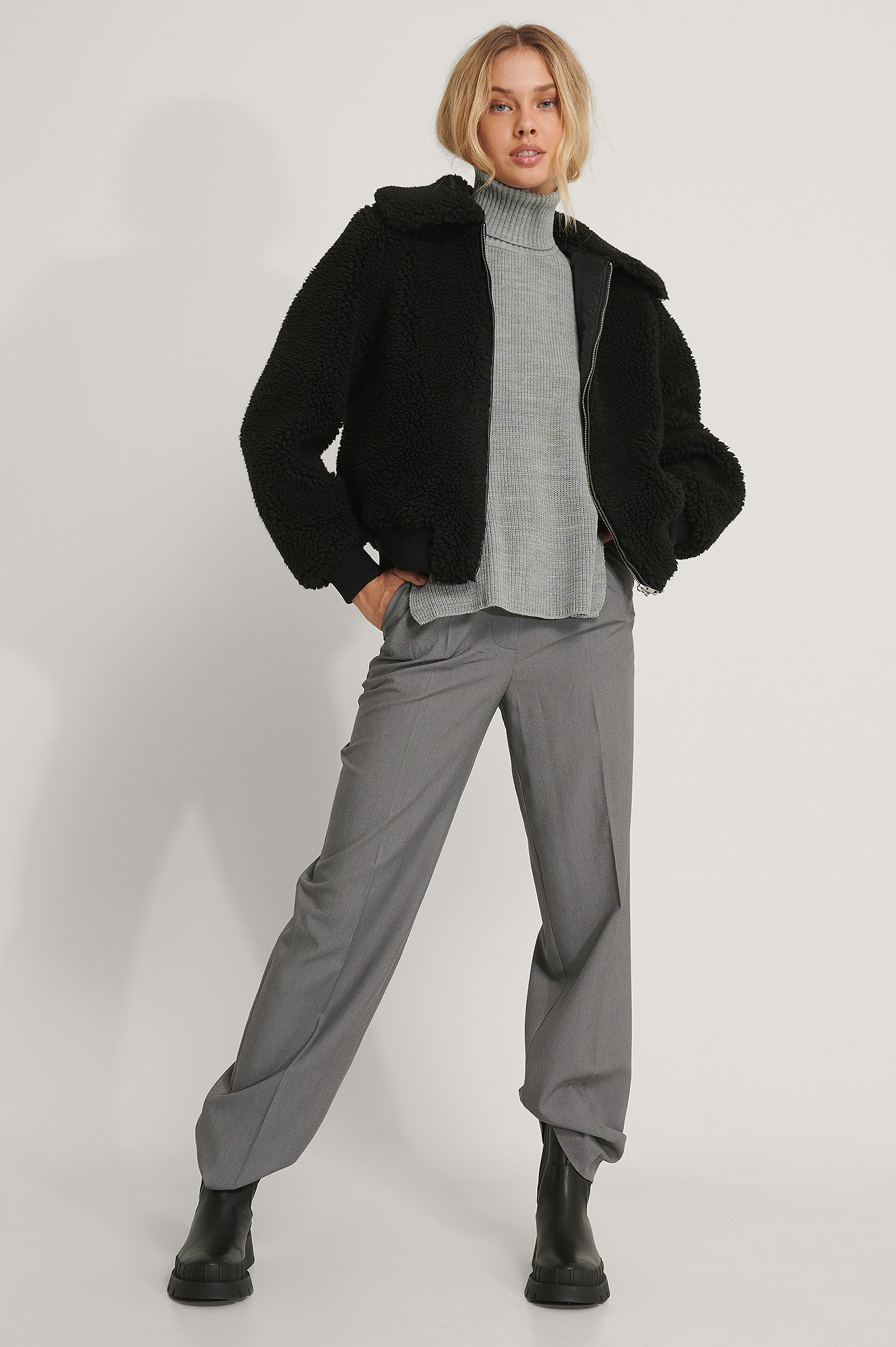 black cropped teddy jacket