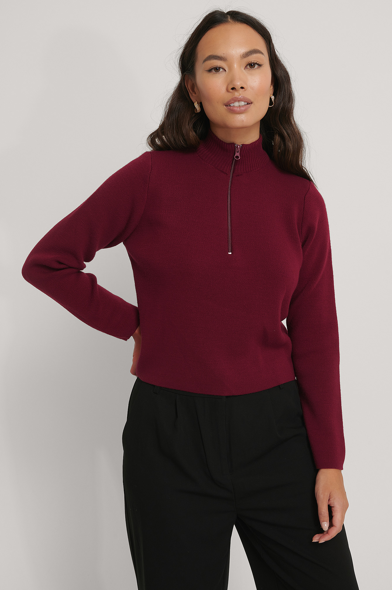 Cropped Zip Detail Knitted Sweater Burgundy