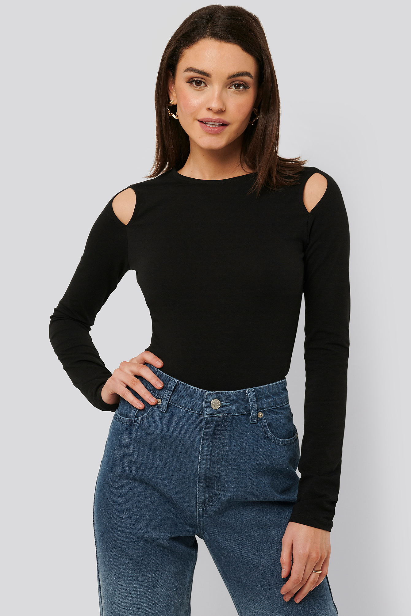 Cut Out Round Neck Top Black