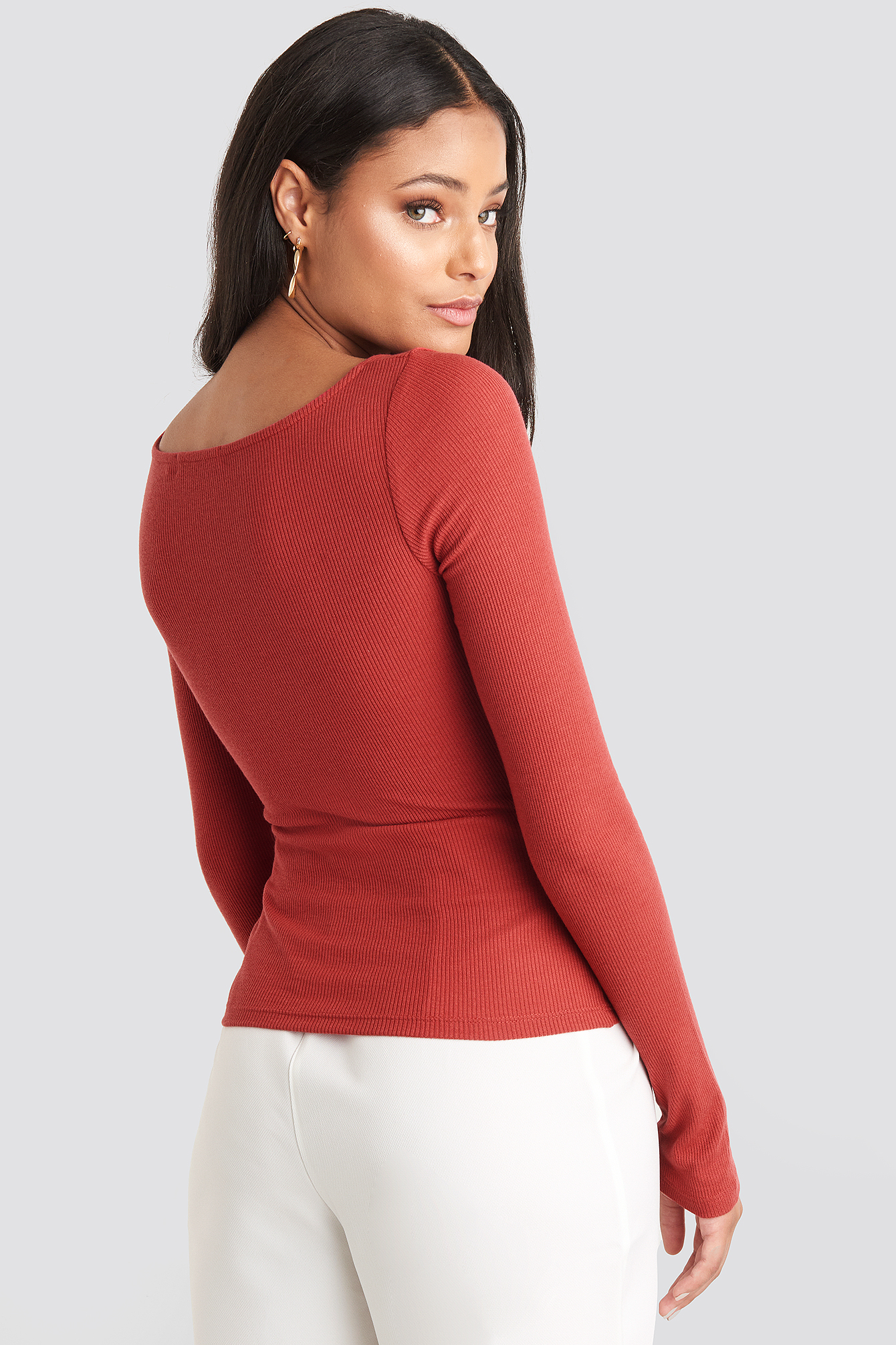 Deep Round Neck Ribbed Top Red