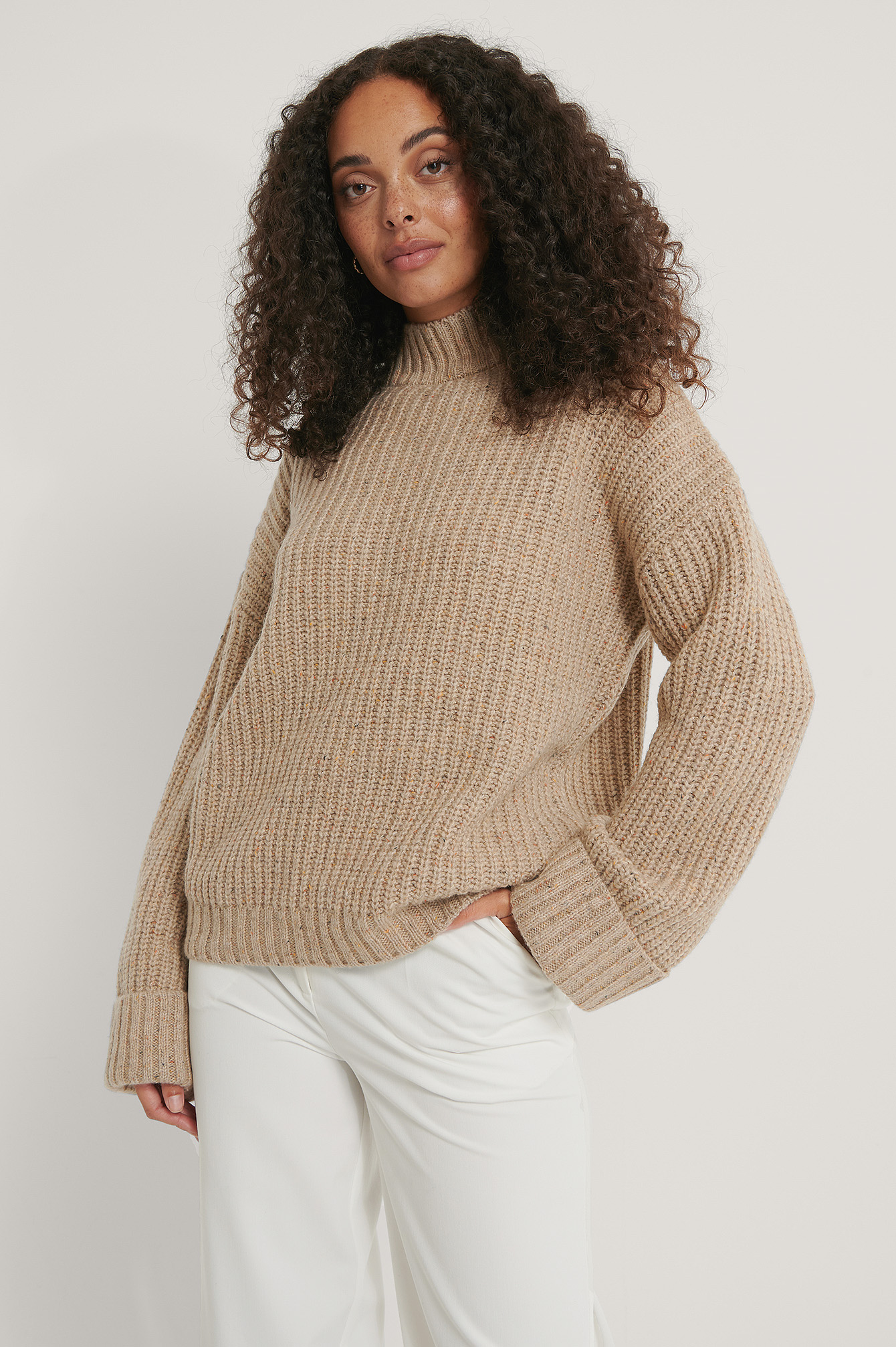Folded Sleeve High Neck Knit Sweater Beige