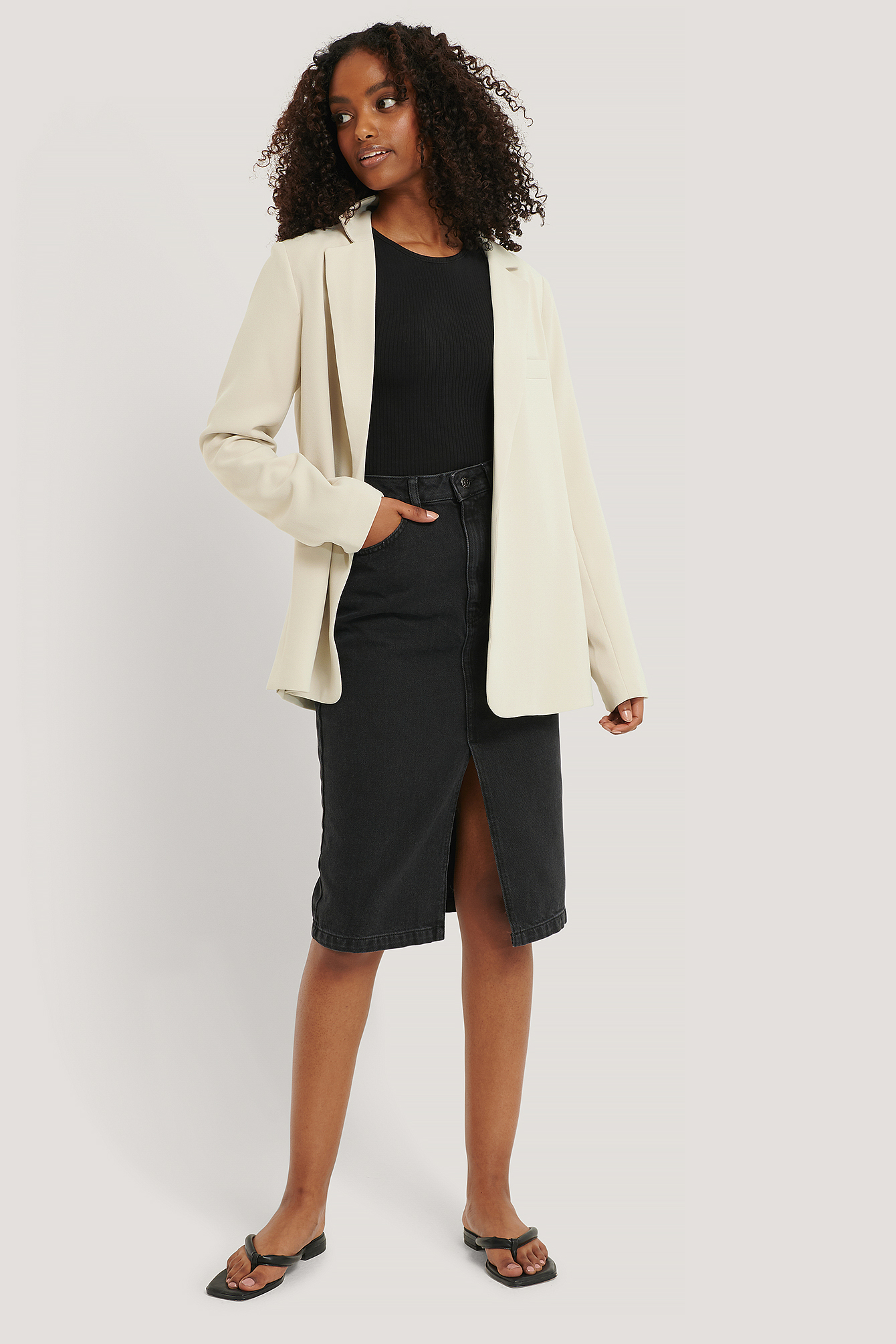 denim midi skirt with front split