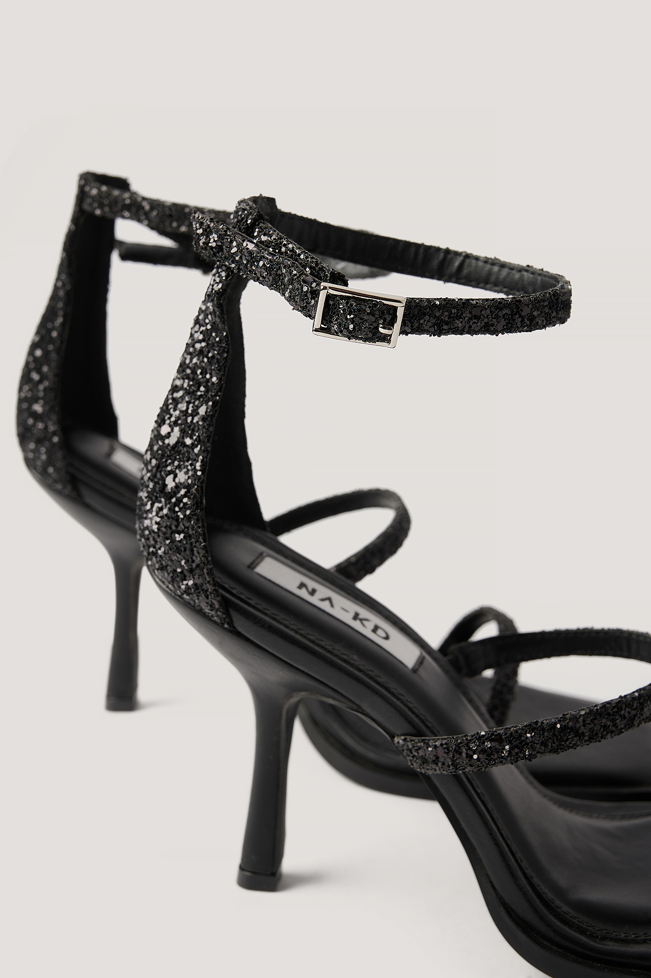 black glitter sandals heels