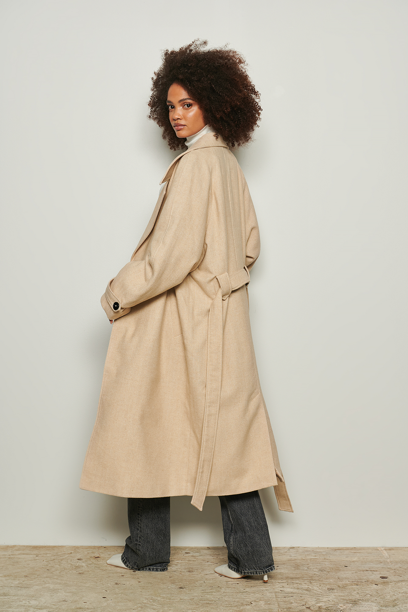 Herringbone Oversized Belted Coat Beige