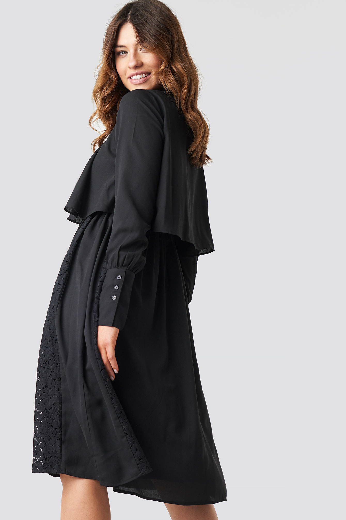 black lace high neck midi dress