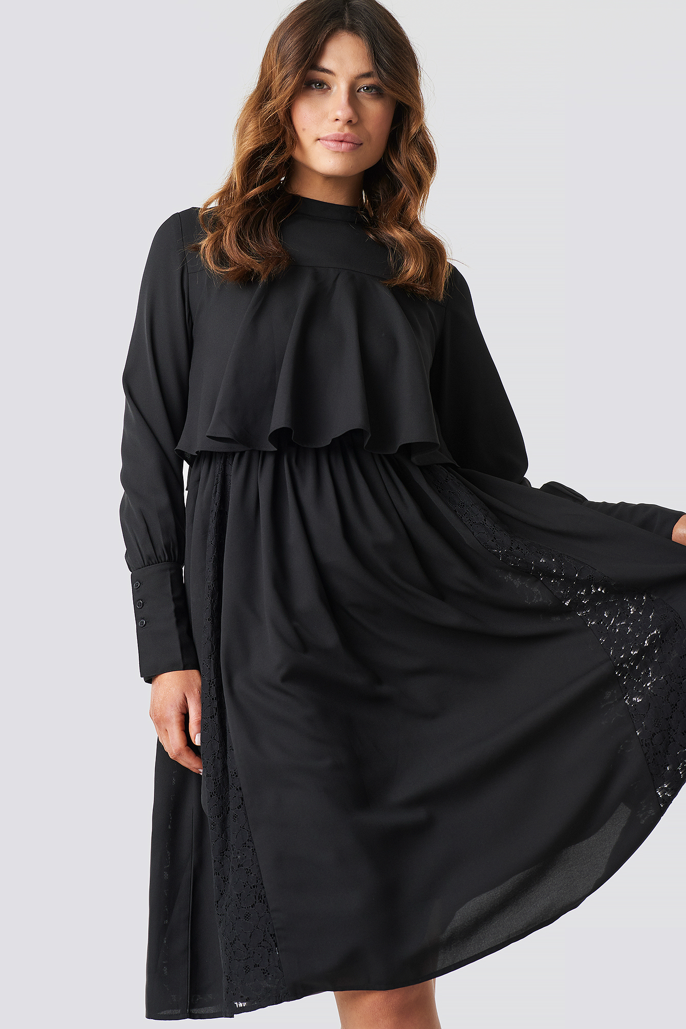 black lace high neck midi dress
