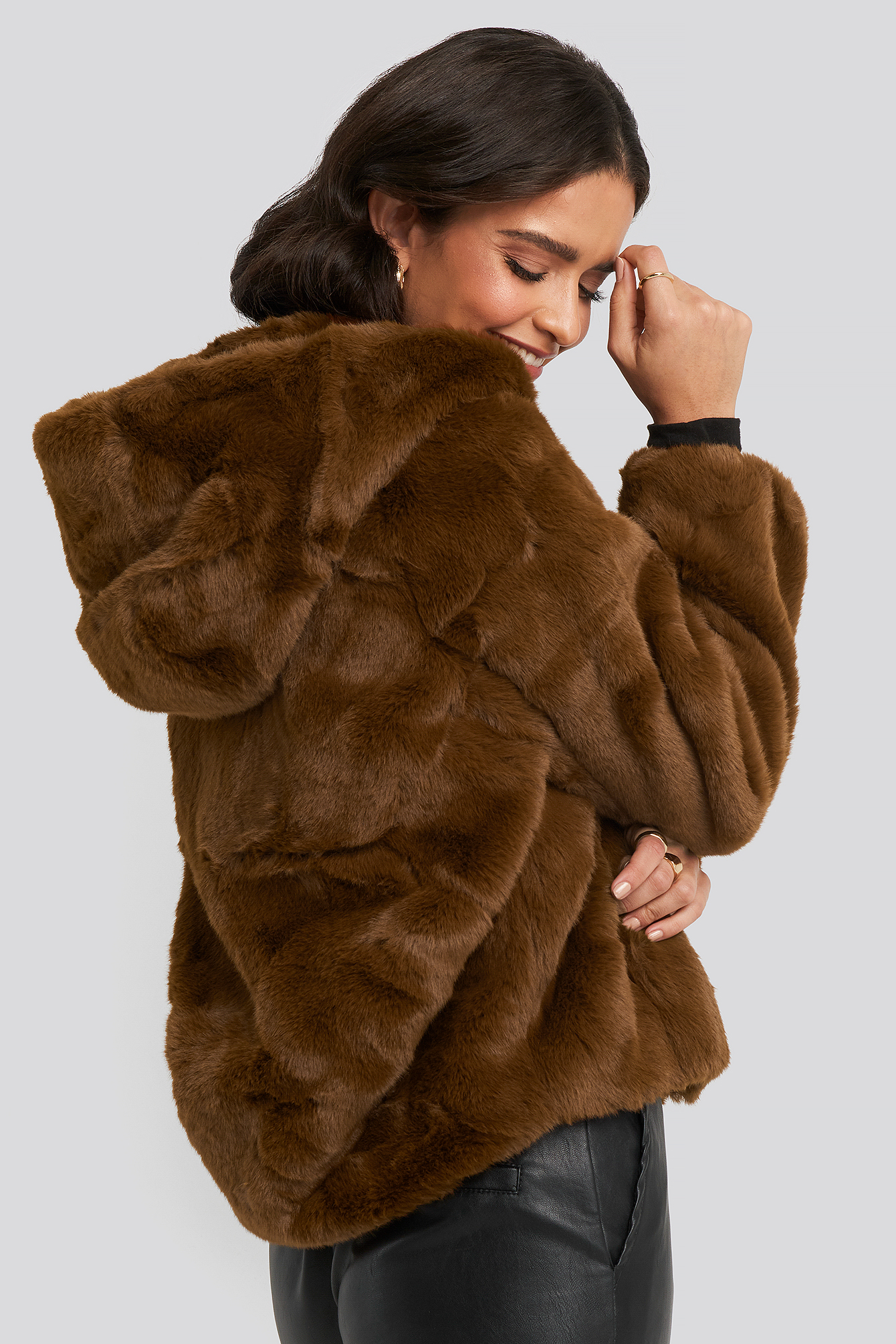 Brown Hooded Faux Fur Jacket