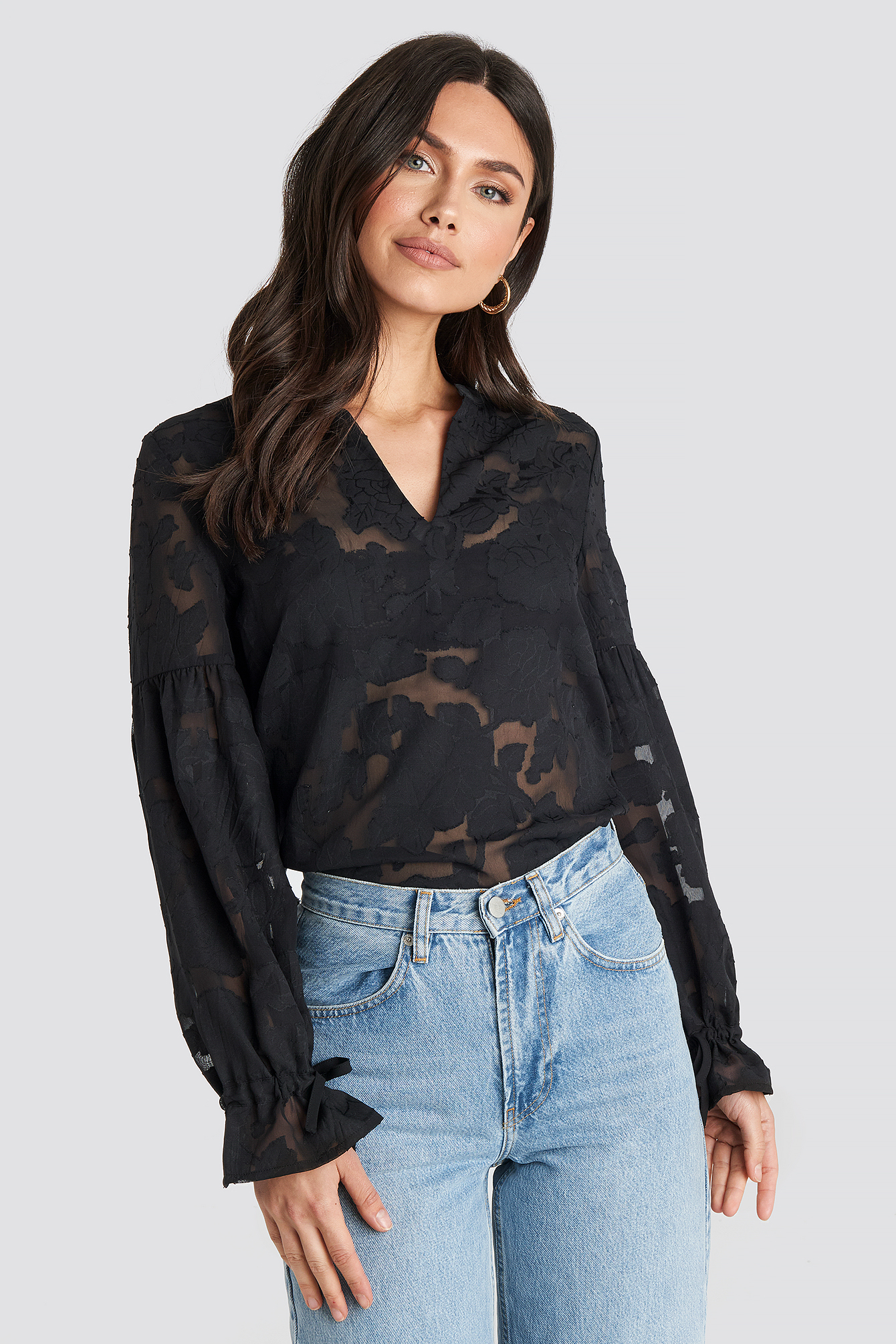 Jacquard Flower Applique Blouse Czarny