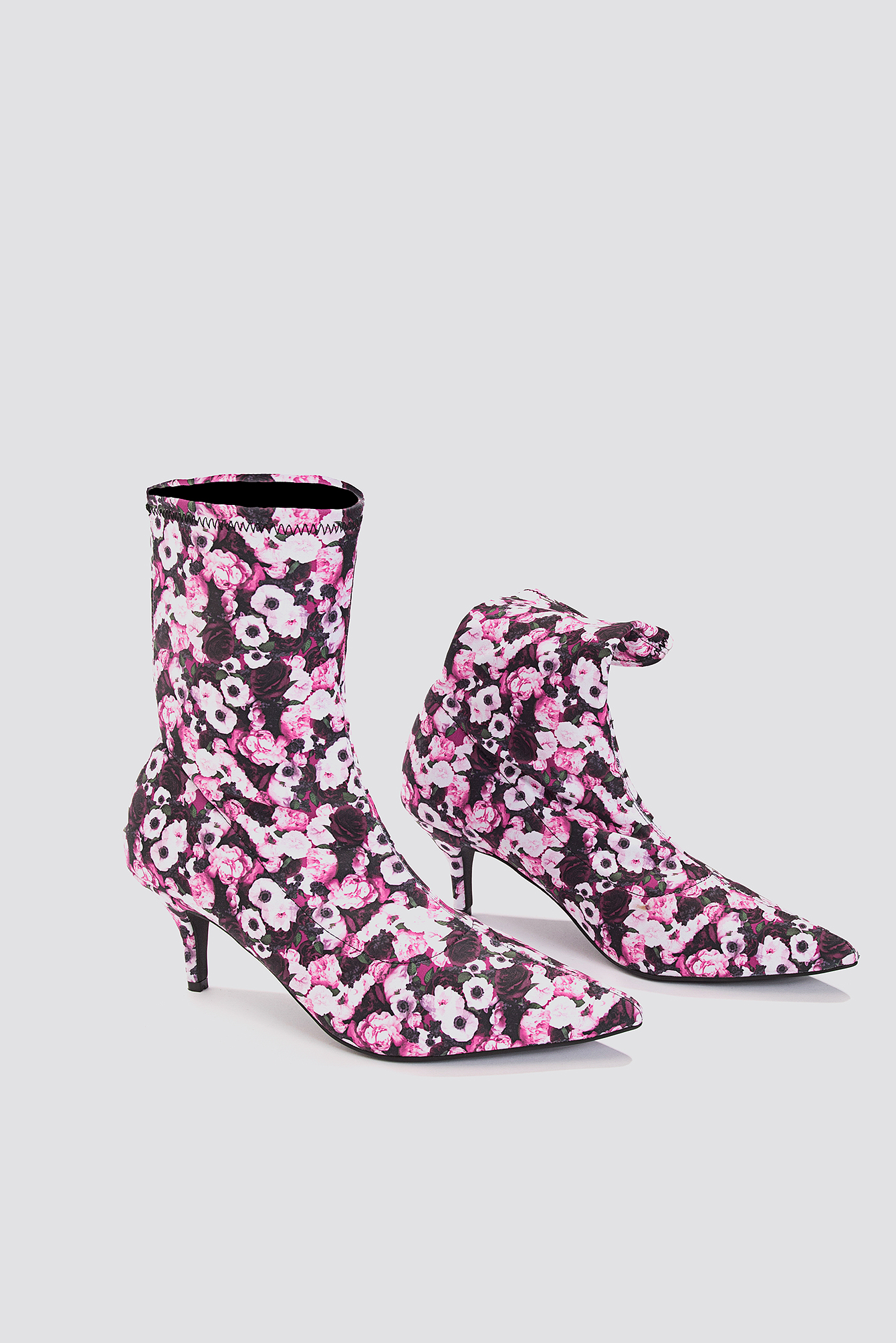 Pink Flower Kitten Heel Sock Boot