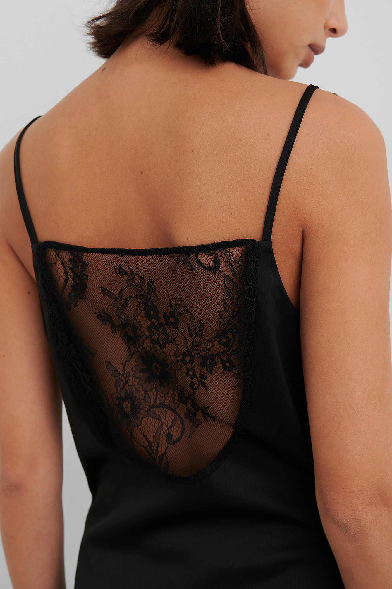 Black Lace Detail Satin Slip Dress