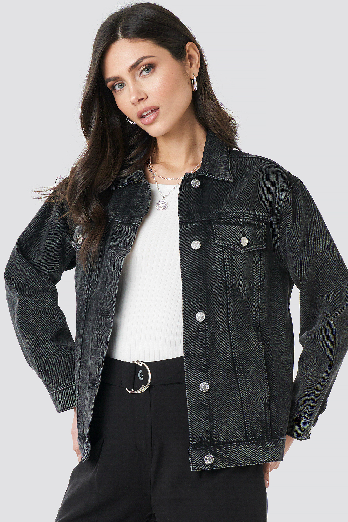 long oversized black denim jacket