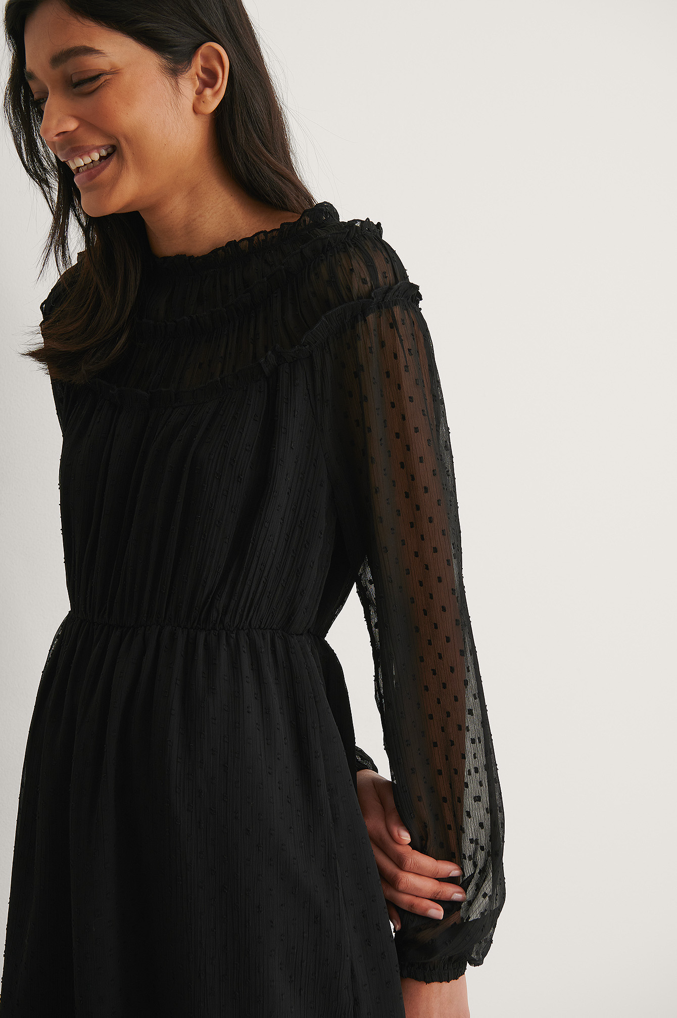 Black Long Sleeve Frill Dobby Dress