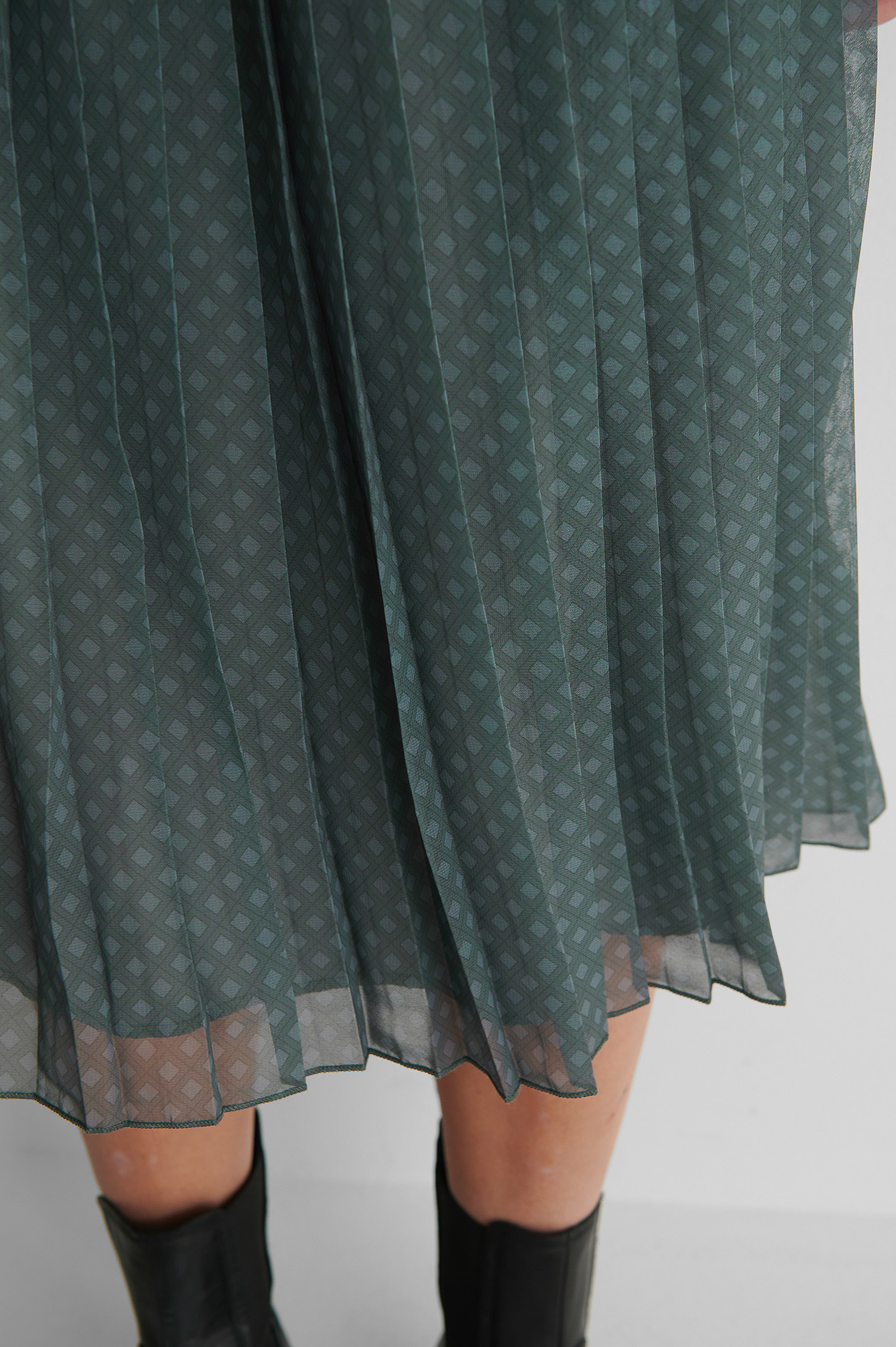 Green Check Midi Pleated Skirt