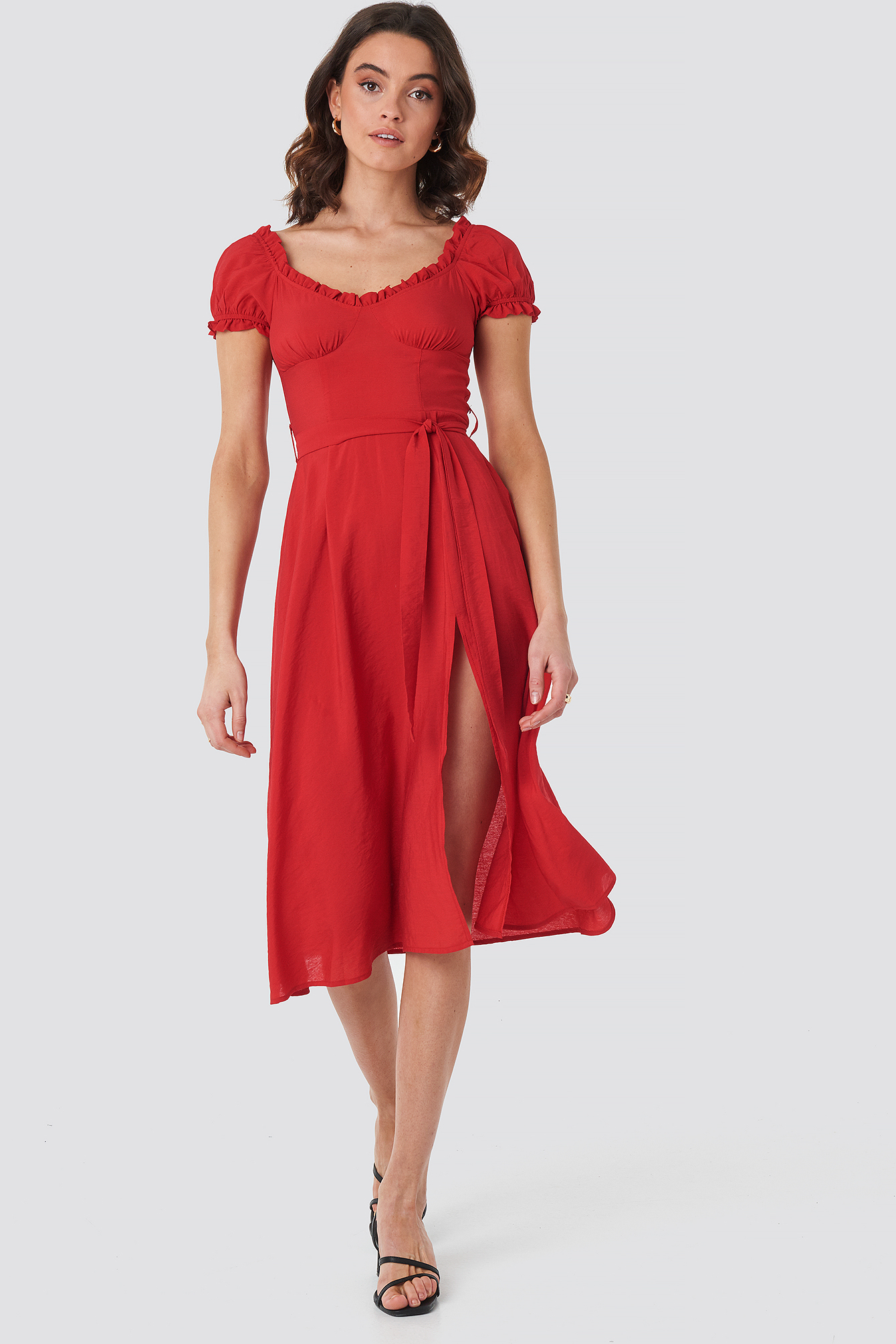 red cold shoulder midi dress